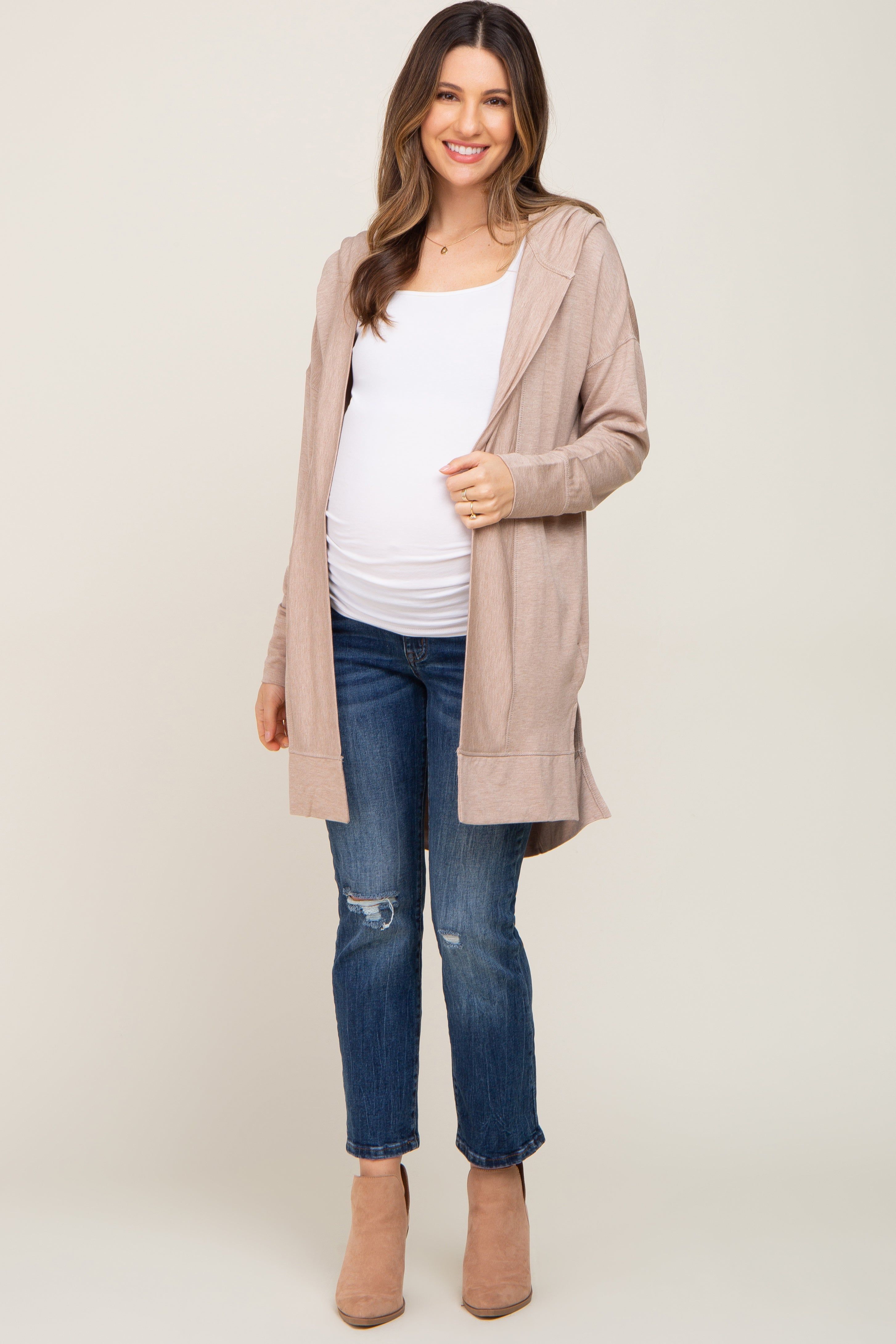 Beige Side Slit Hooded Maternity Cardigan sold by Pinkblush product image thumbnail 5
