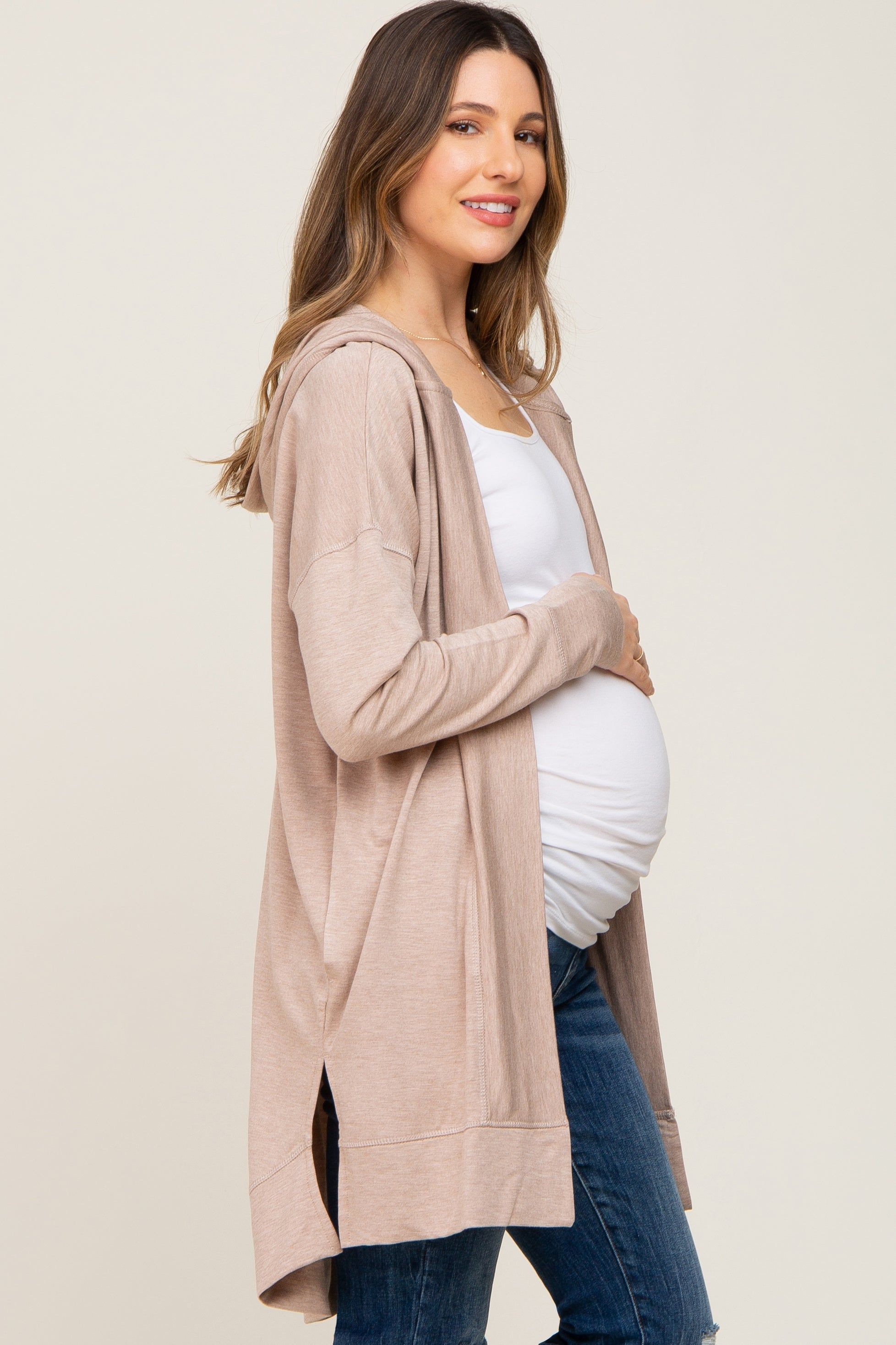 Beige Side Slit Hooded Maternity Cardigan sold by Pinkblush product image thumbnail 2