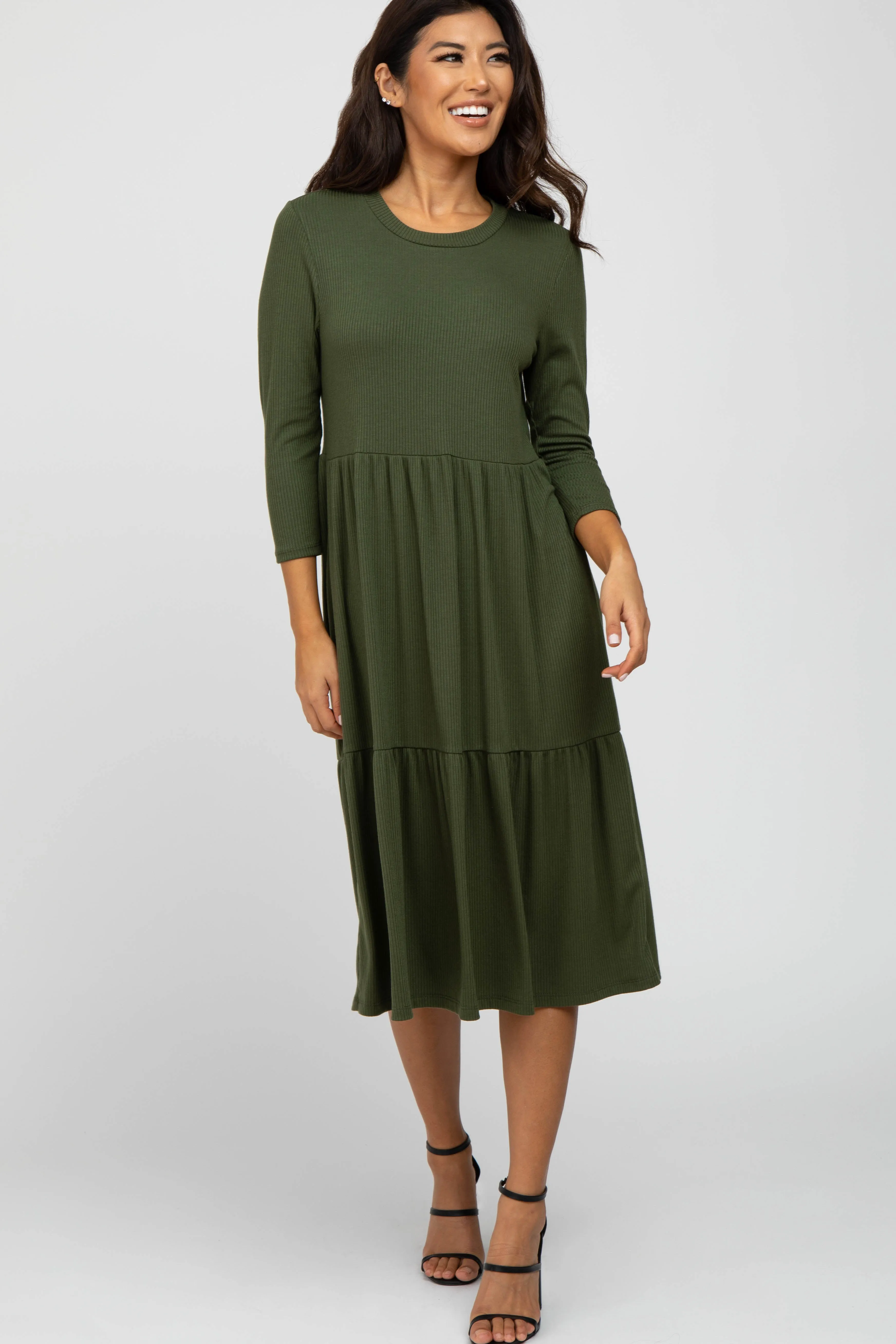 Olive Tiered Ribbed 3/4 Sleeve Maternity Midi Dress sold by Pinkblush product image thumbnail 5