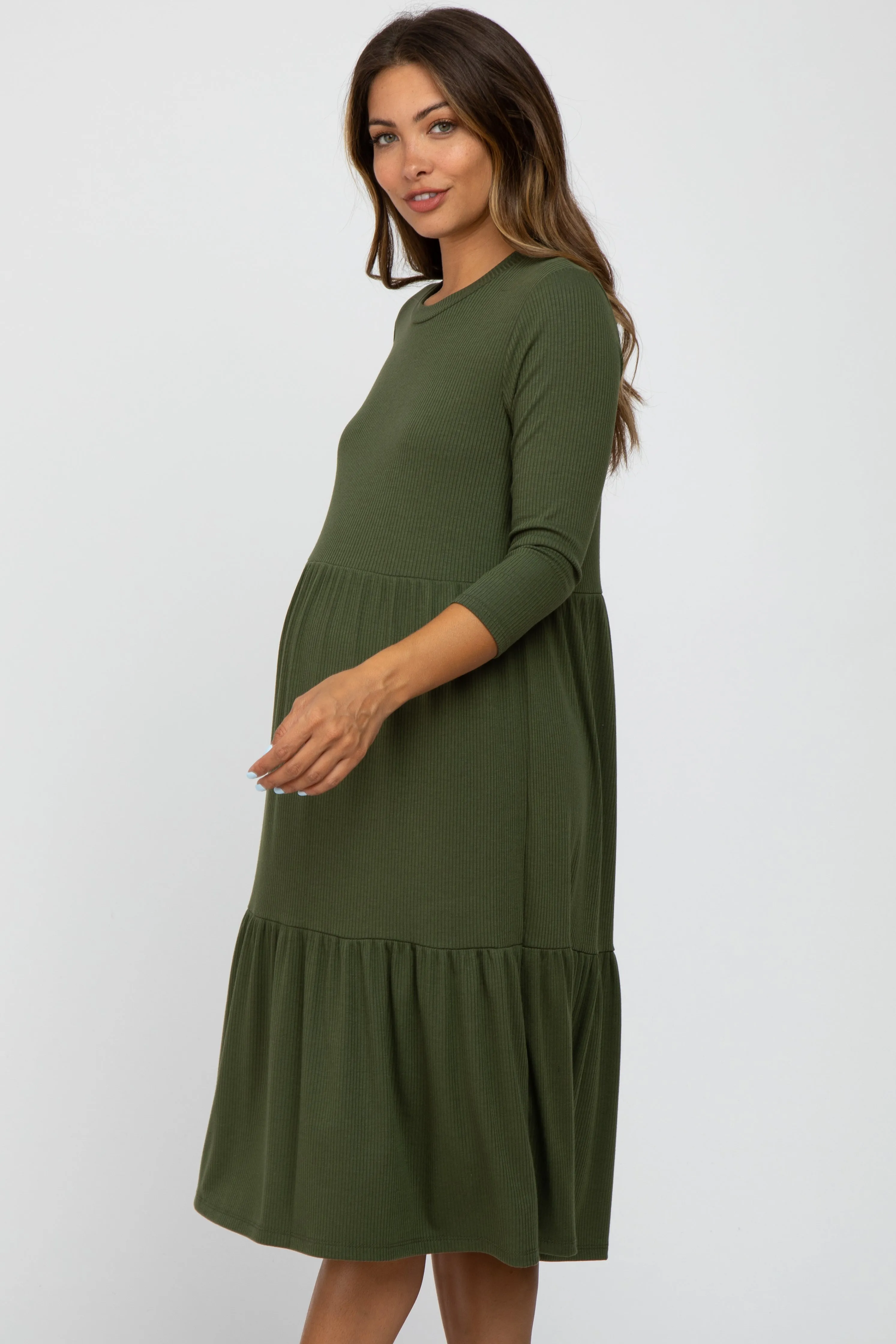 Olive Tiered Ribbed 3/4 Sleeve Maternity Midi Dress sold by Pinkblush product image thumbnail 2