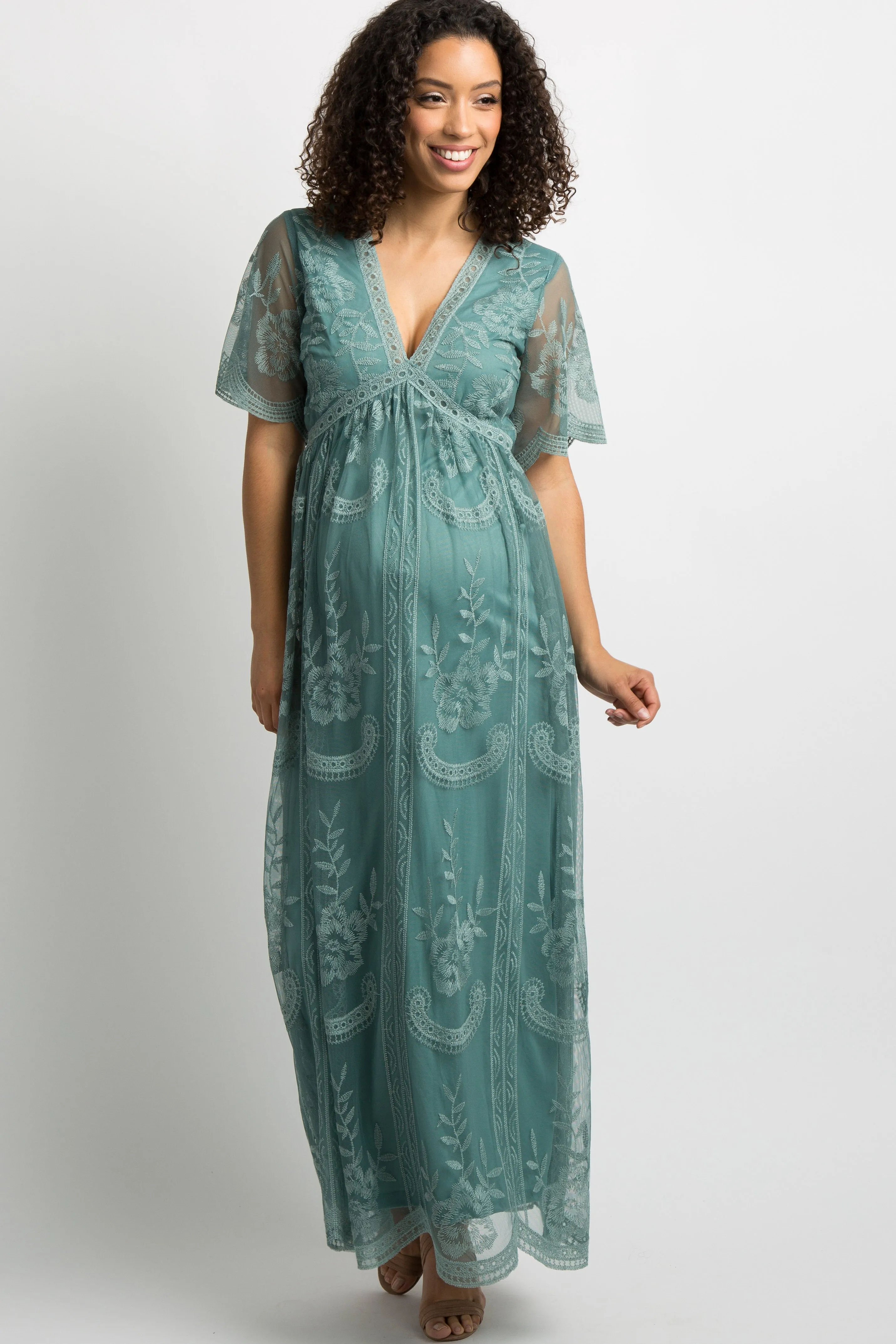 Sage Lace Mesh Overlay Maternity Maxi Dress sold by Pinkblush