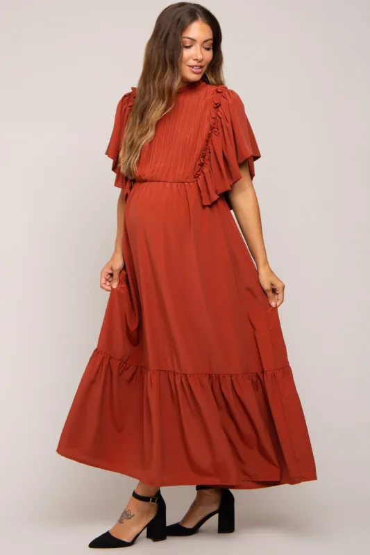 Rust Ruffle Pleated Maternity Maxi Dress sold by Pinkblush