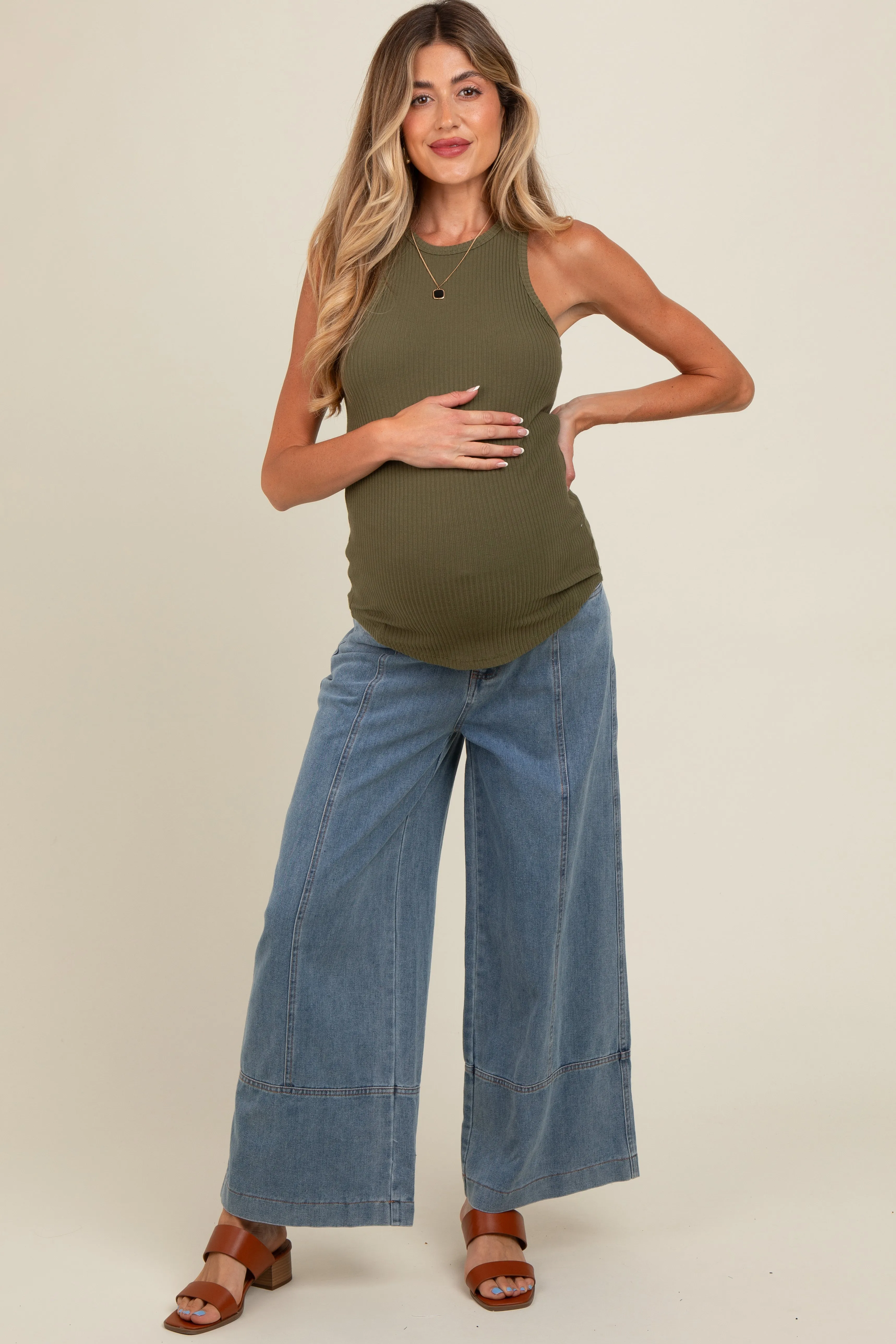 Light Blue Wide Leg Maternity Ankle Jeans sold by Pinkblush