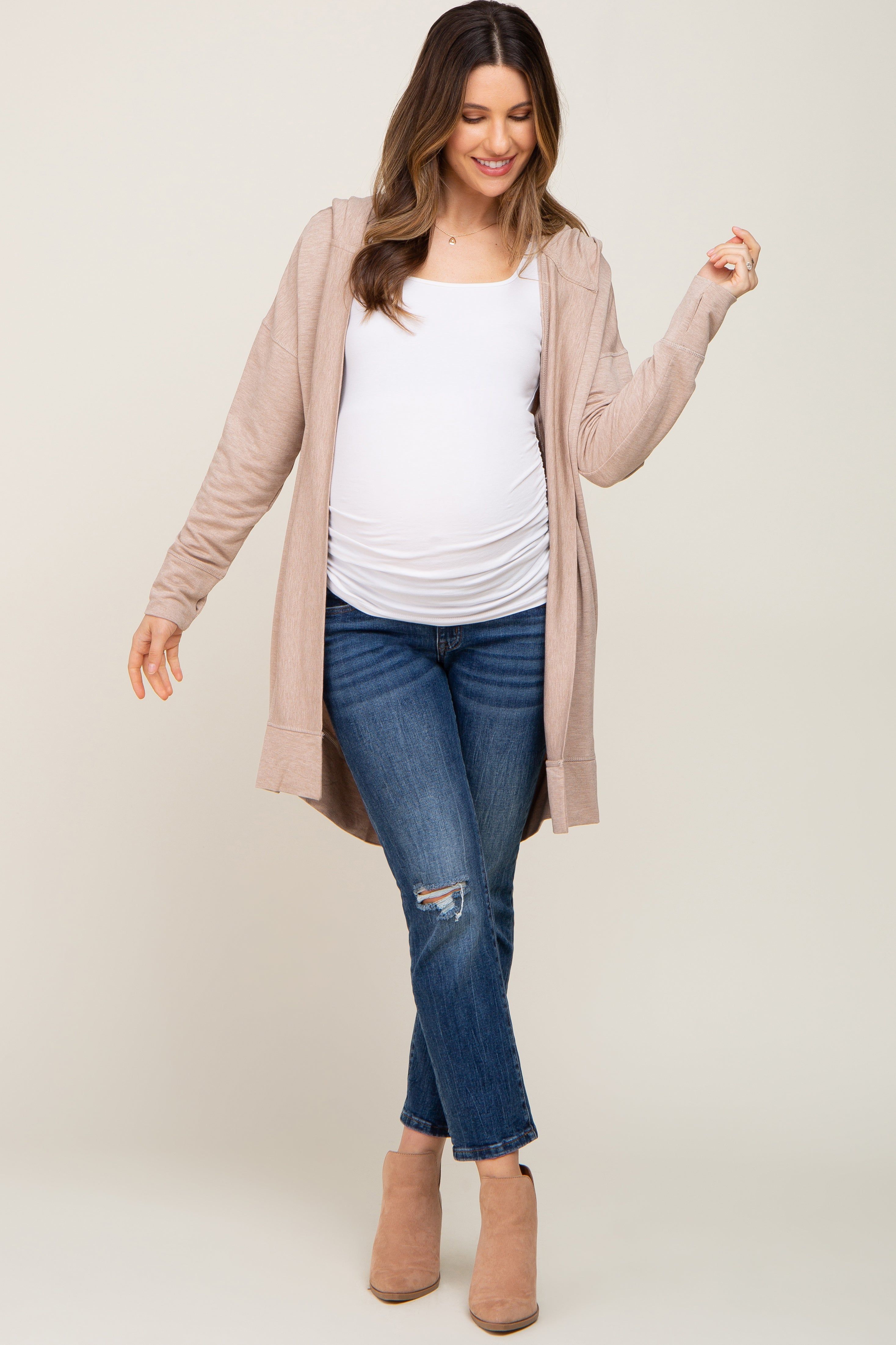 Beige Side Slit Hooded Maternity Cardigan sold by Pinkblush product image thumbnail 4