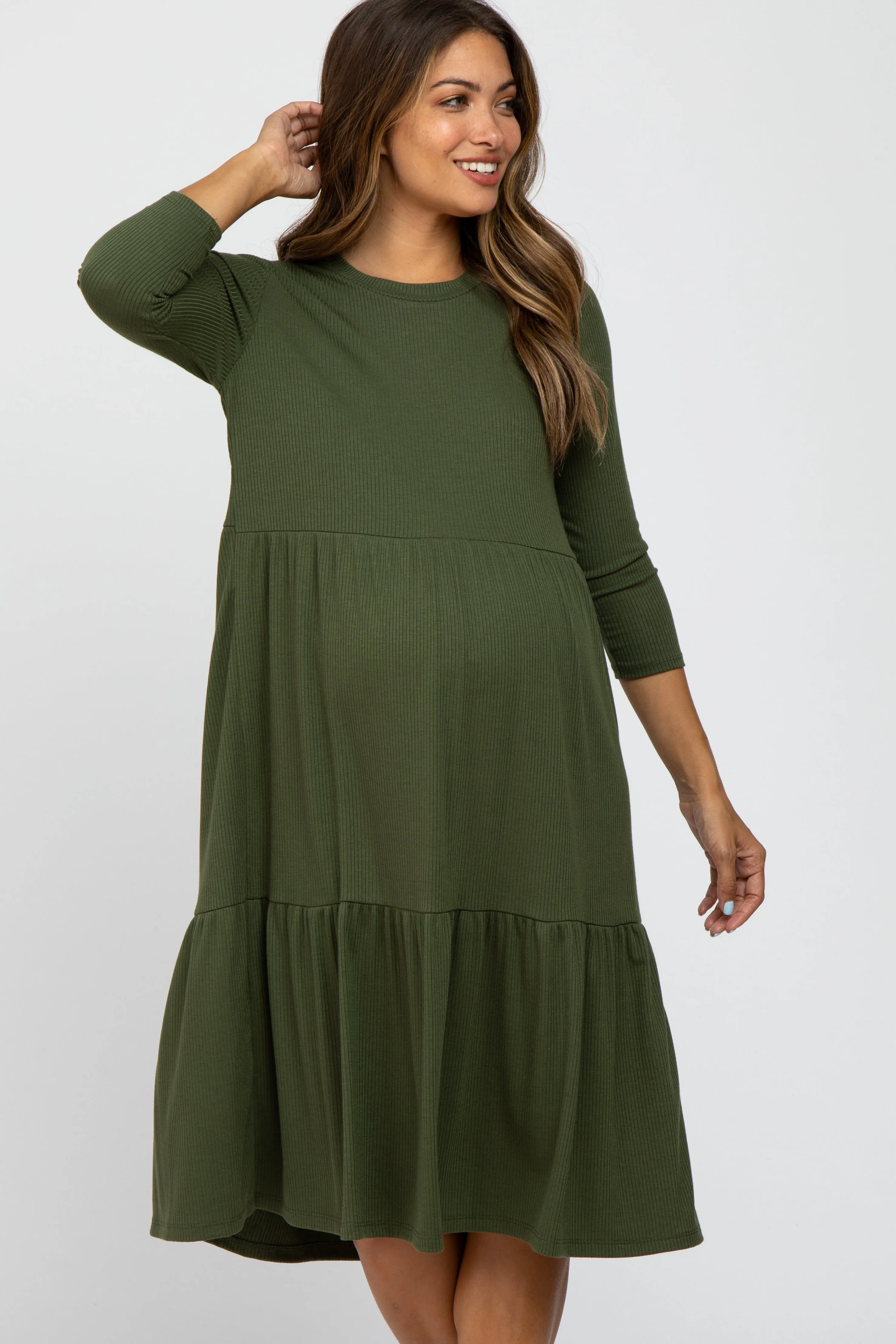 Olive Tiered Ribbed 3/4 Sleeve Maternity Midi Dress sold by Pinkblush product image thumbnail 4