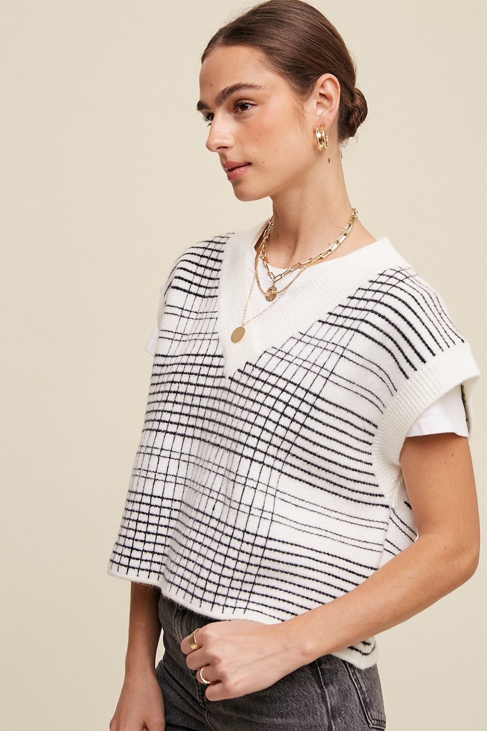 Cream Plaid V-Neck Cropped Sweater Vest sold by Pinkblush product image thumbnail 2