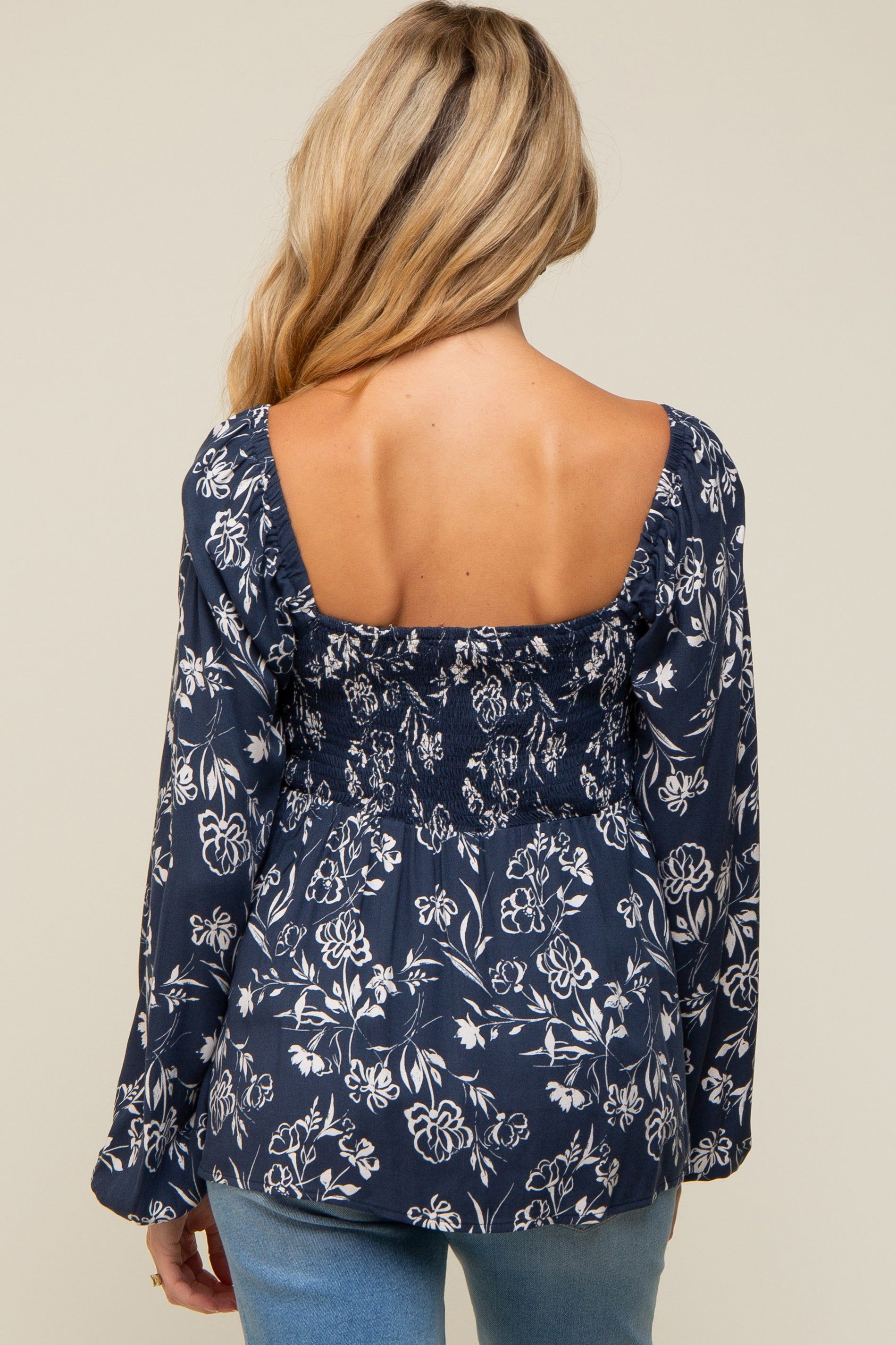 Navy Floral Sweetheart Neck Long Sleeve Maternity Top sold by Pinkblush product image thumbnail 3
