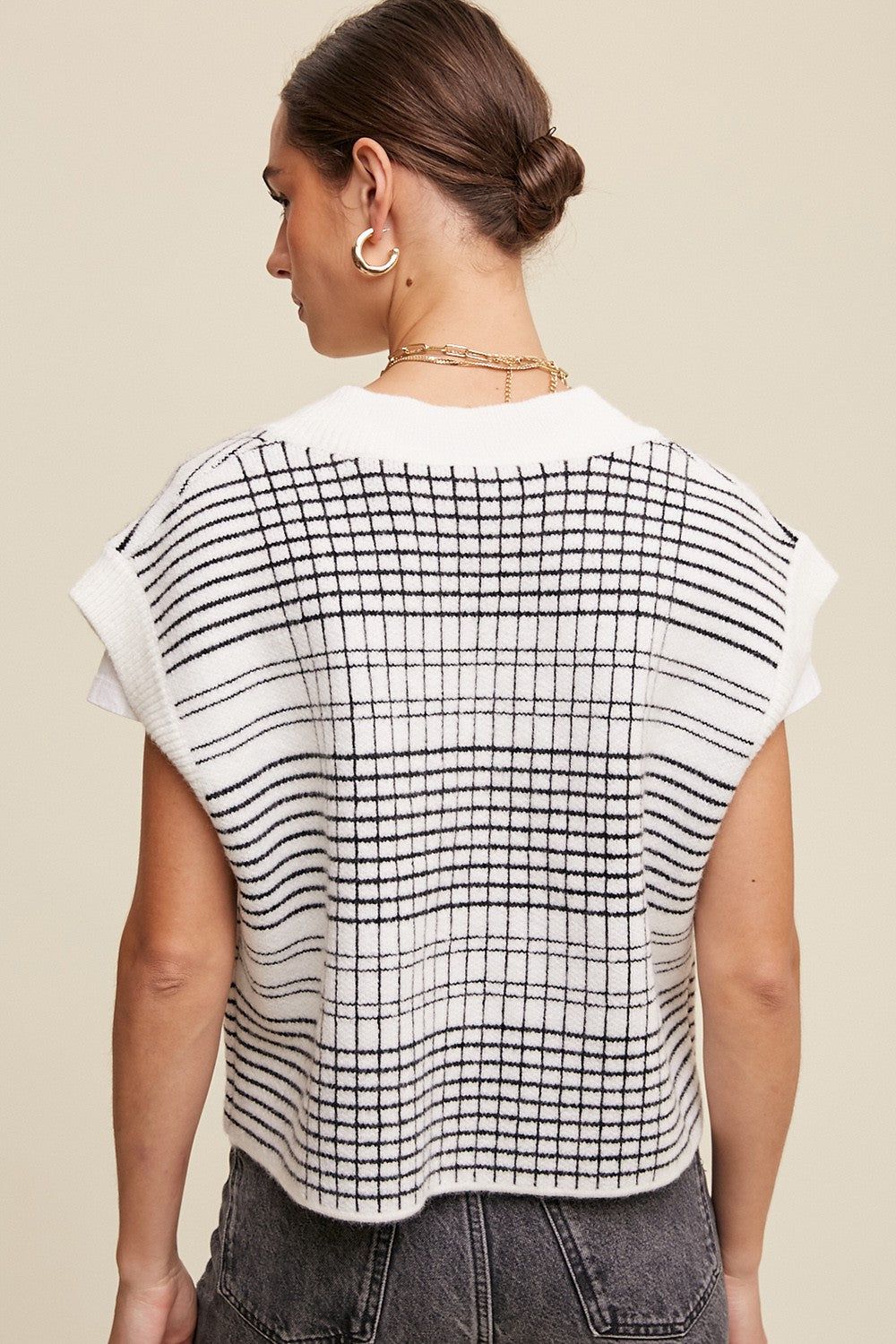 Cream Plaid V-Neck Cropped Sweater Vest sold by Pinkblush product image thumbnail 3