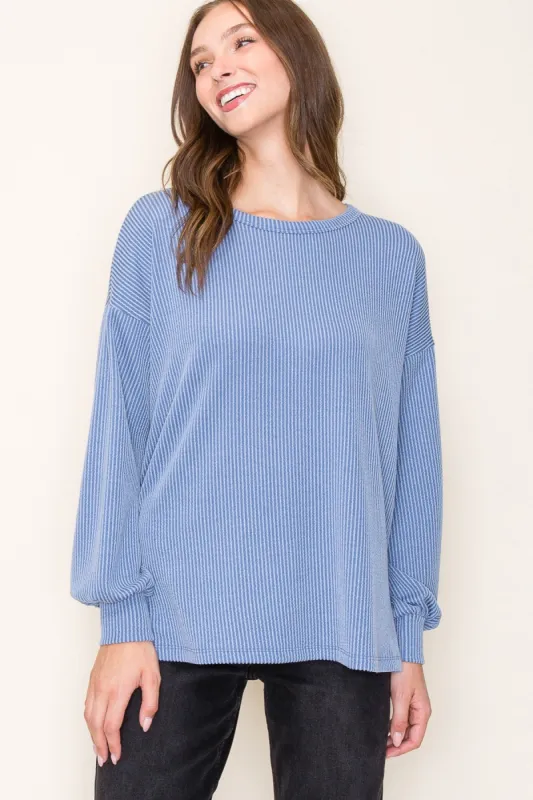Blue Ribbed Long Sleeve Top sold by Pinkblush