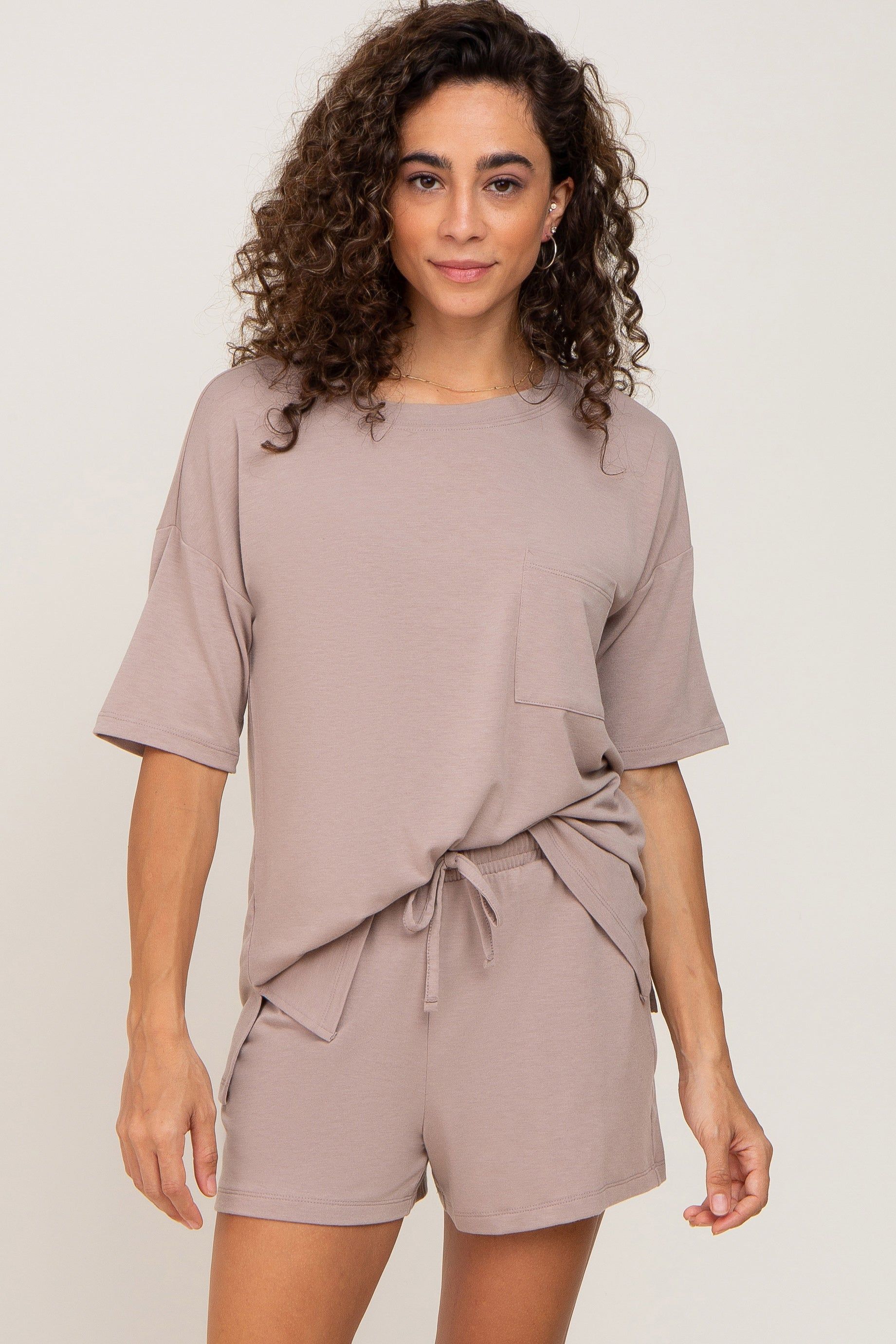 Taupe Pocket Front Pajama Short Set sold by Pinkblush