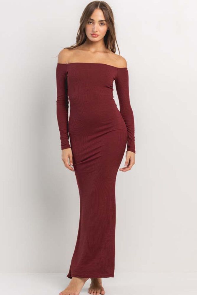 Burgundy Ribbed Off Shoulder Long Sleeve Maxi Dress sold by Pinkblush