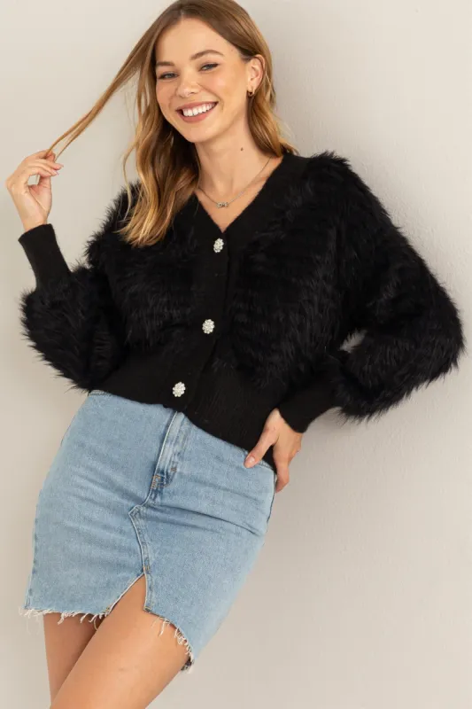Black Embellished Button Fuzzy Cardigan sold by Pinkblush