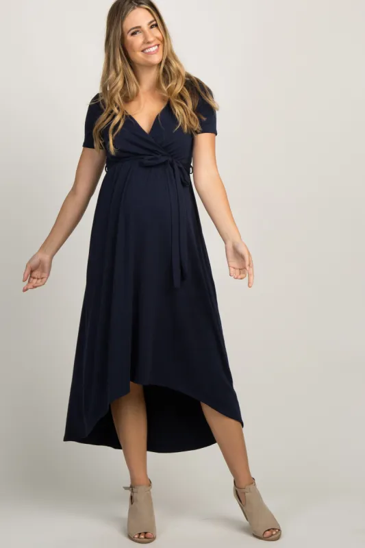 PinkBlush Navy Blue Solid Hi-Low Maternity Wrap Dress sold by Pinkblush