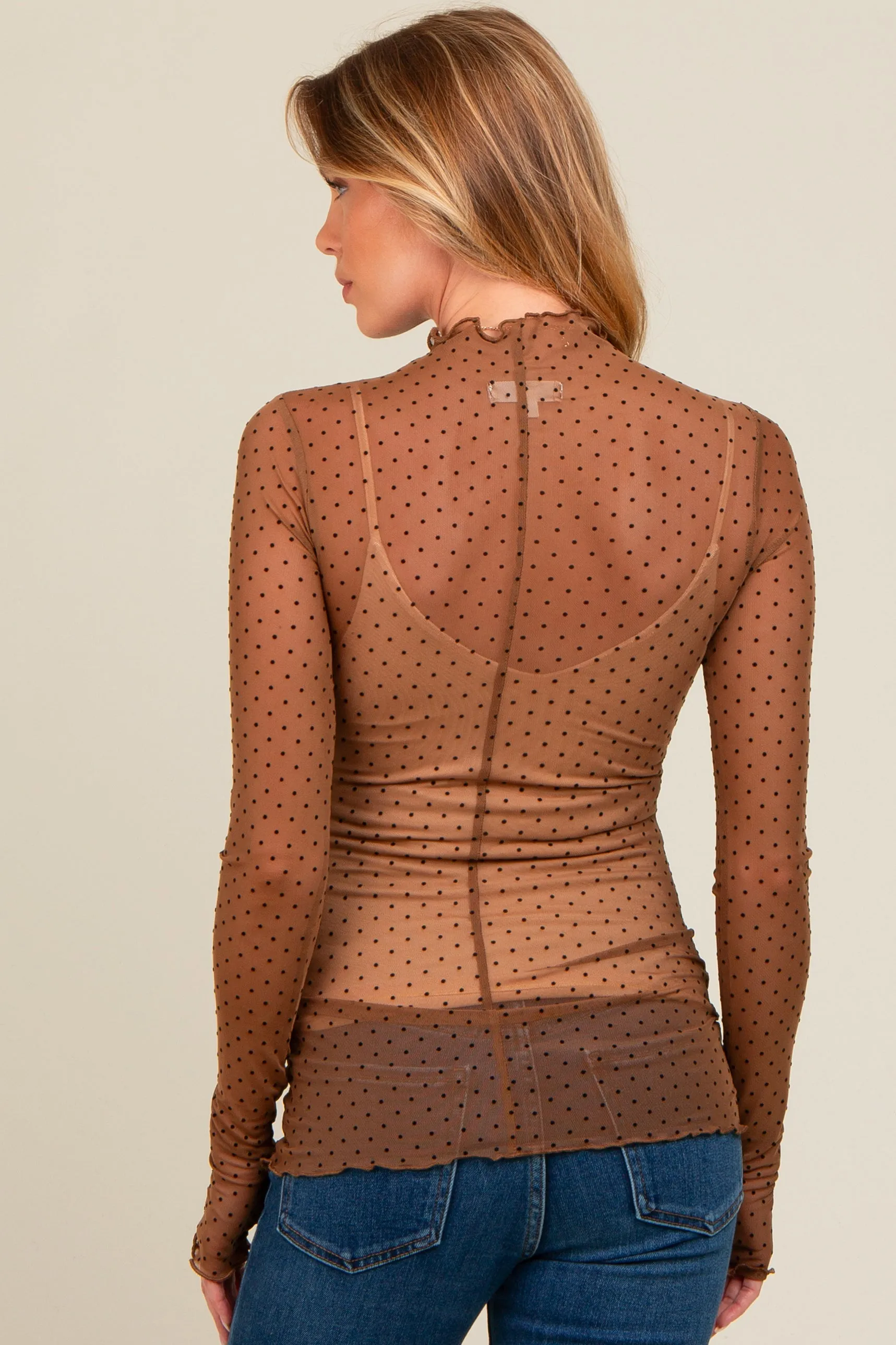 Brown Polka Dot Mesh Long Sleeve Maternity Top sold by Pinkblush product image thumbnail 4