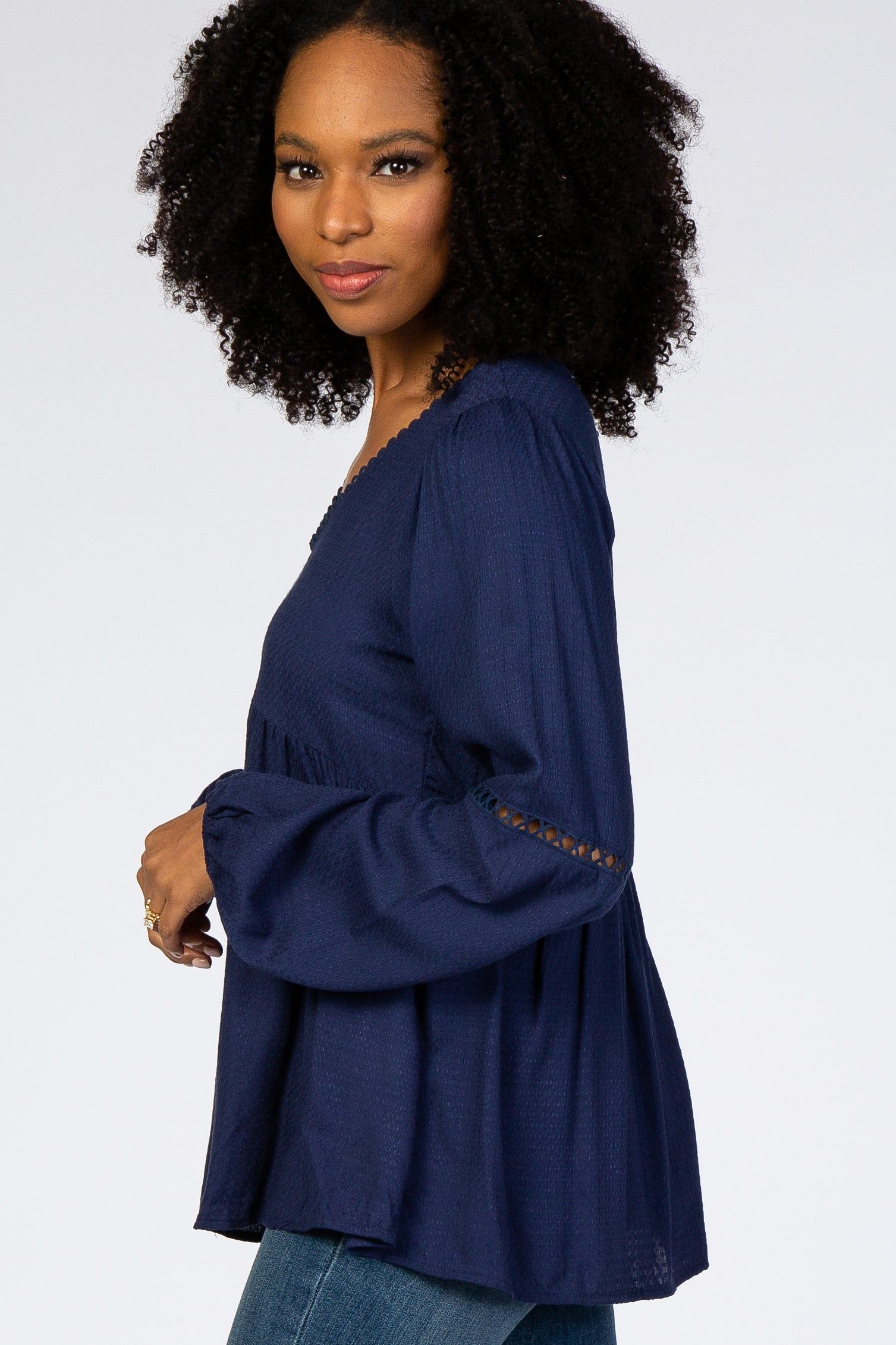 Navy Blue Textured Crochet Trim Blouse sold by Pinkblush product image thumbnail 2