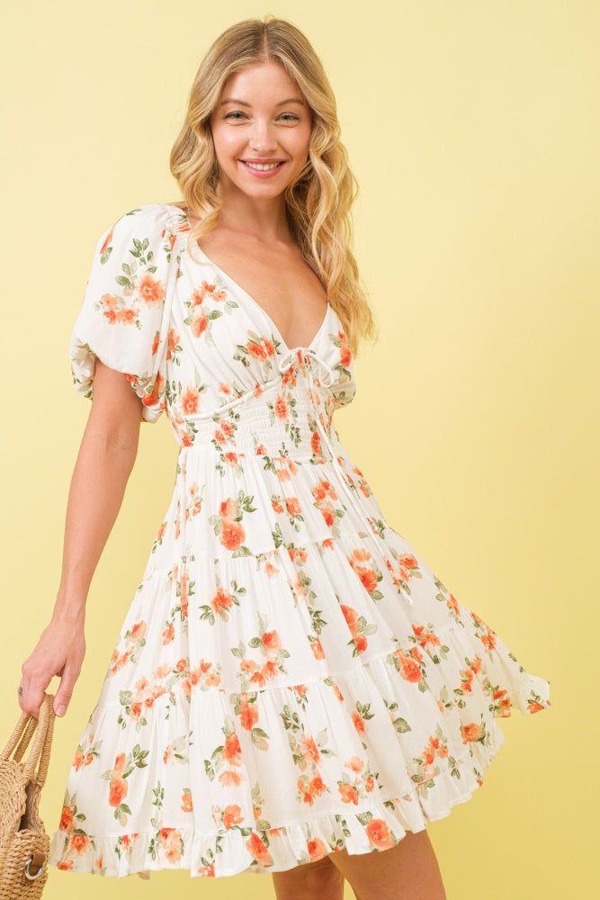 Orange Rayon Crinkle Floral Smocked Mini Dress sold by Pinkblush