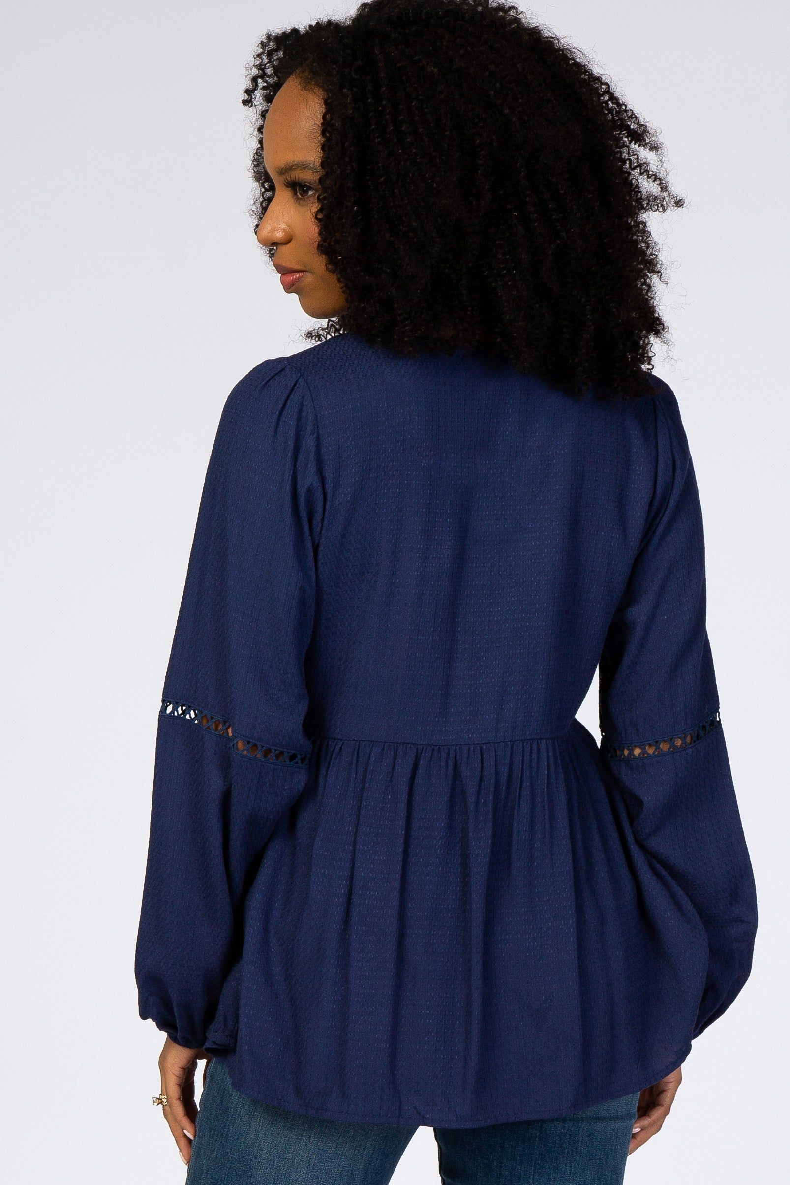 Navy Blue Textured Crochet Trim Blouse sold by Pinkblush product image thumbnail 3