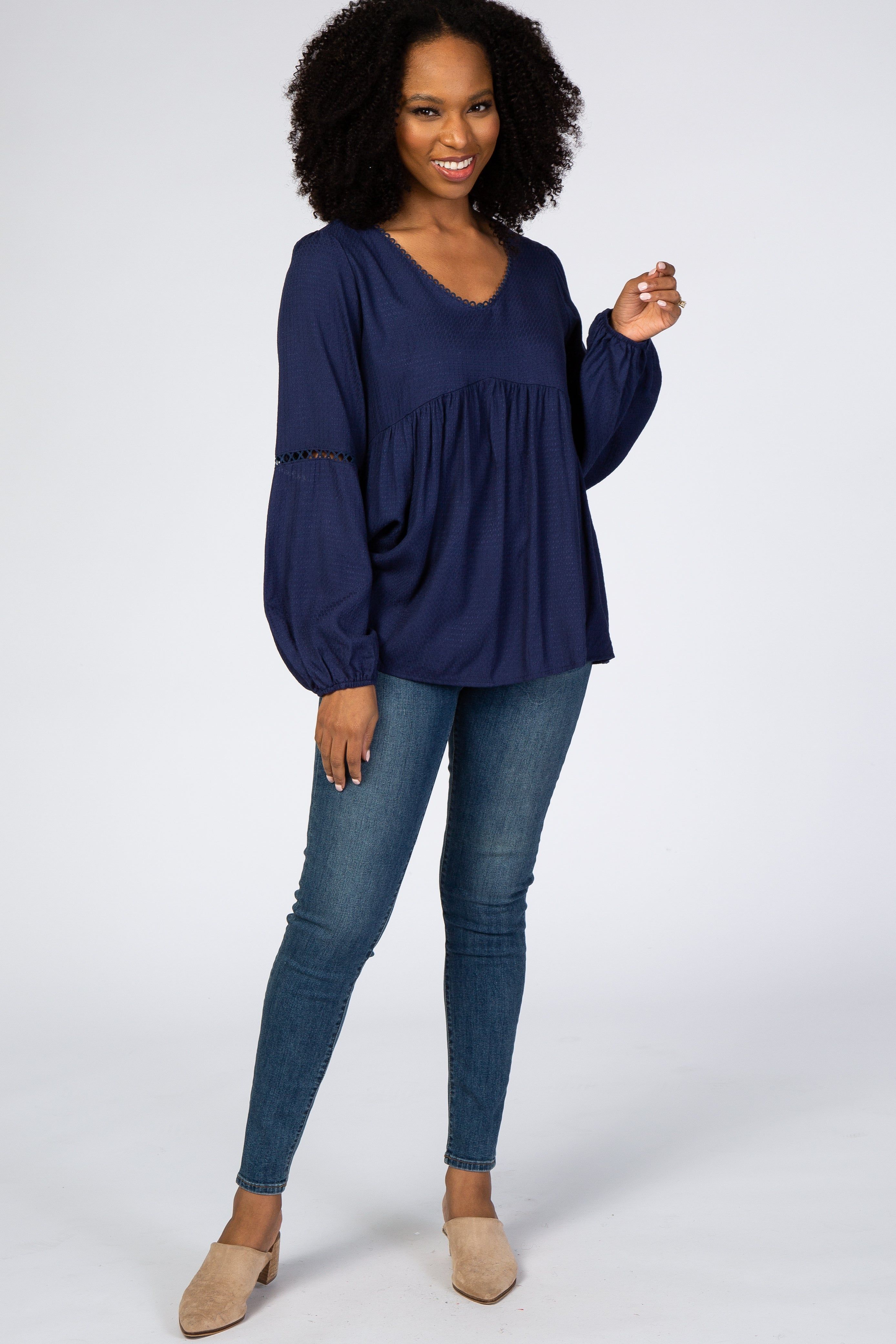 Navy Blue Textured Crochet Trim Blouse sold by Pinkblush product image thumbnail 4