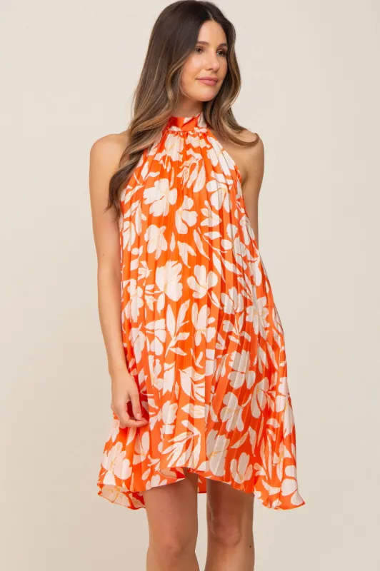Orange Floral Pleated Mock Neck Maternity Dress sold by Pinkblush