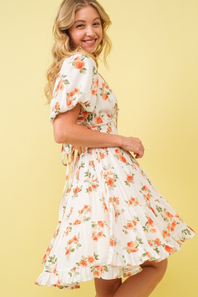 Orange Rayon Crinkle Floral Smocked Mini Dress sold by Pinkblush product image thumbnail 3