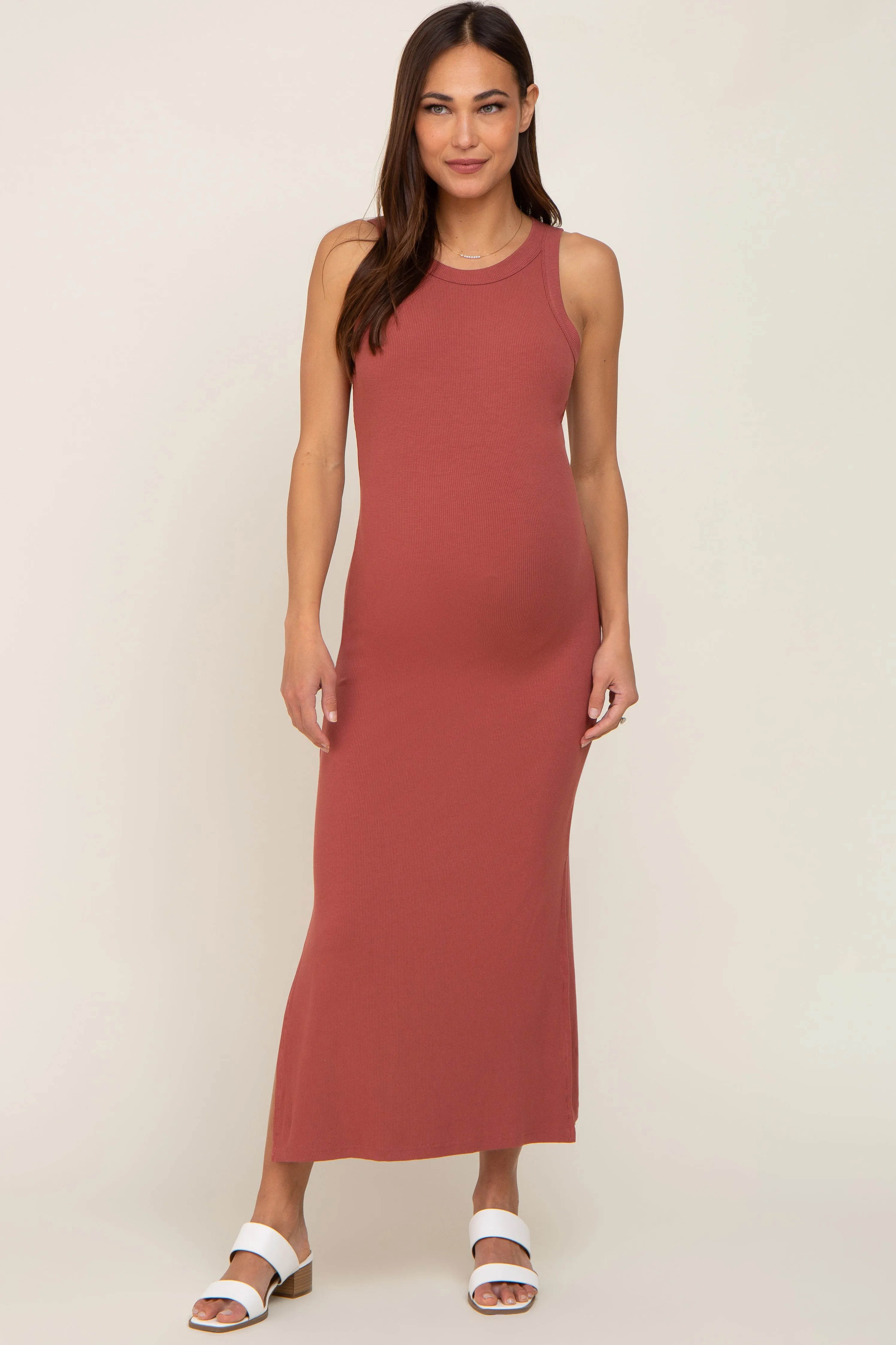 Rust Ribbed Maternity Side Slit Tank Dress sold by Pinkblush product image thumbnail 4