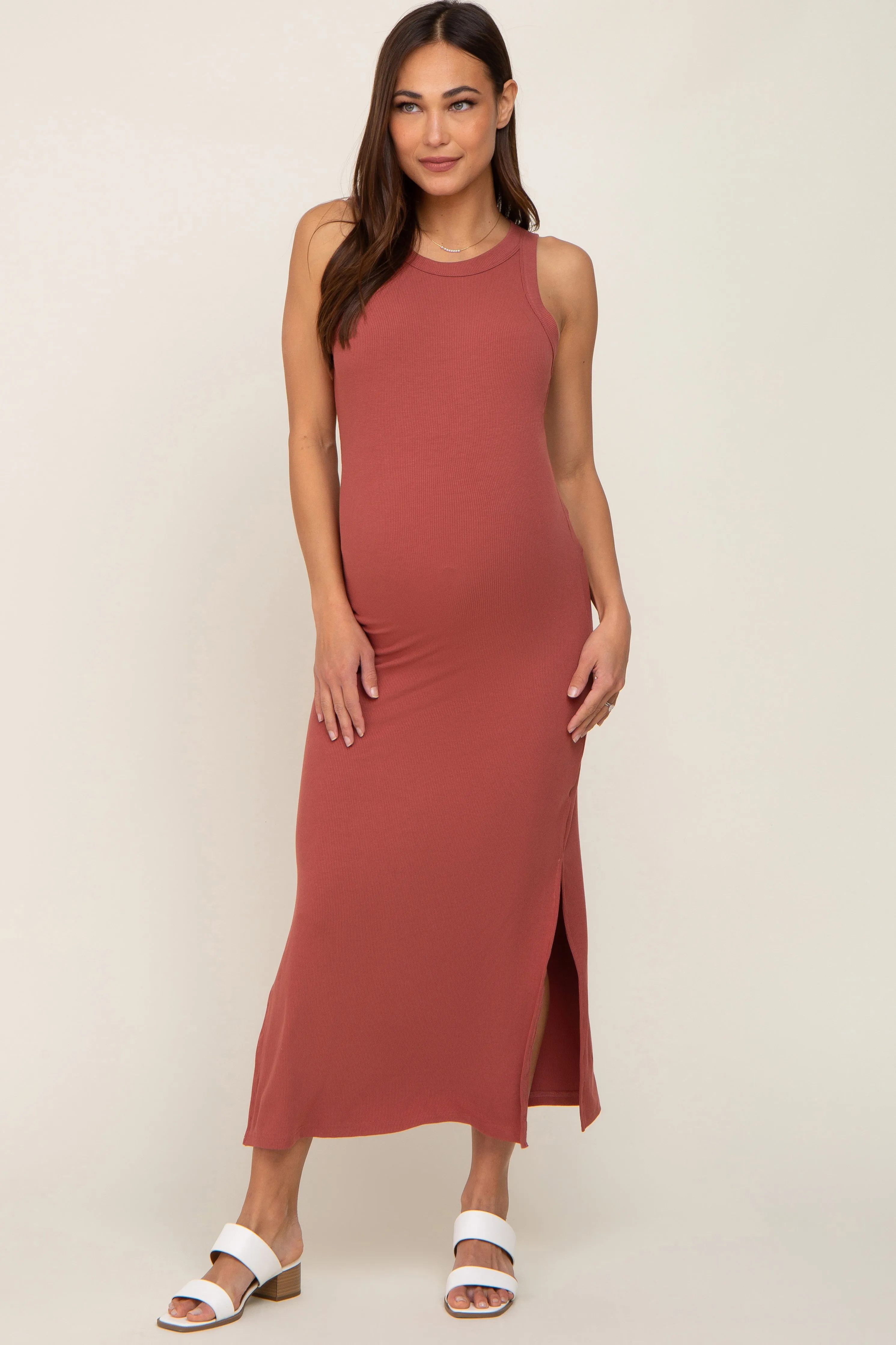 Rust Ribbed Maternity Side Slit Tank Dress sold by Pinkblush