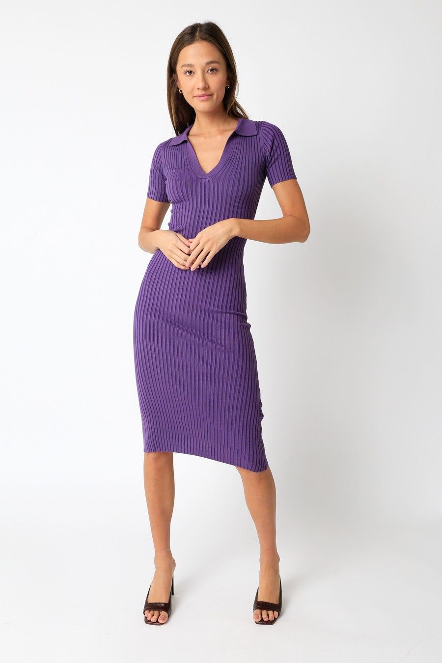 Purple Ribbed Collared V-Neck Midi Dress sold by Pinkblush