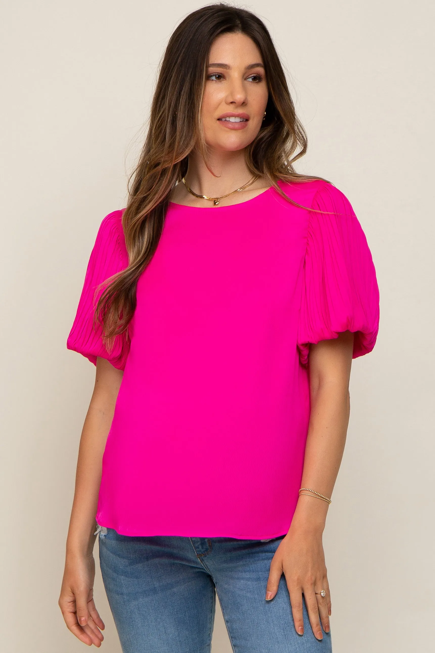 Fuchsia Satin Pleated Puff Short Sleeve Maternity Blouse sold by Pinkblush