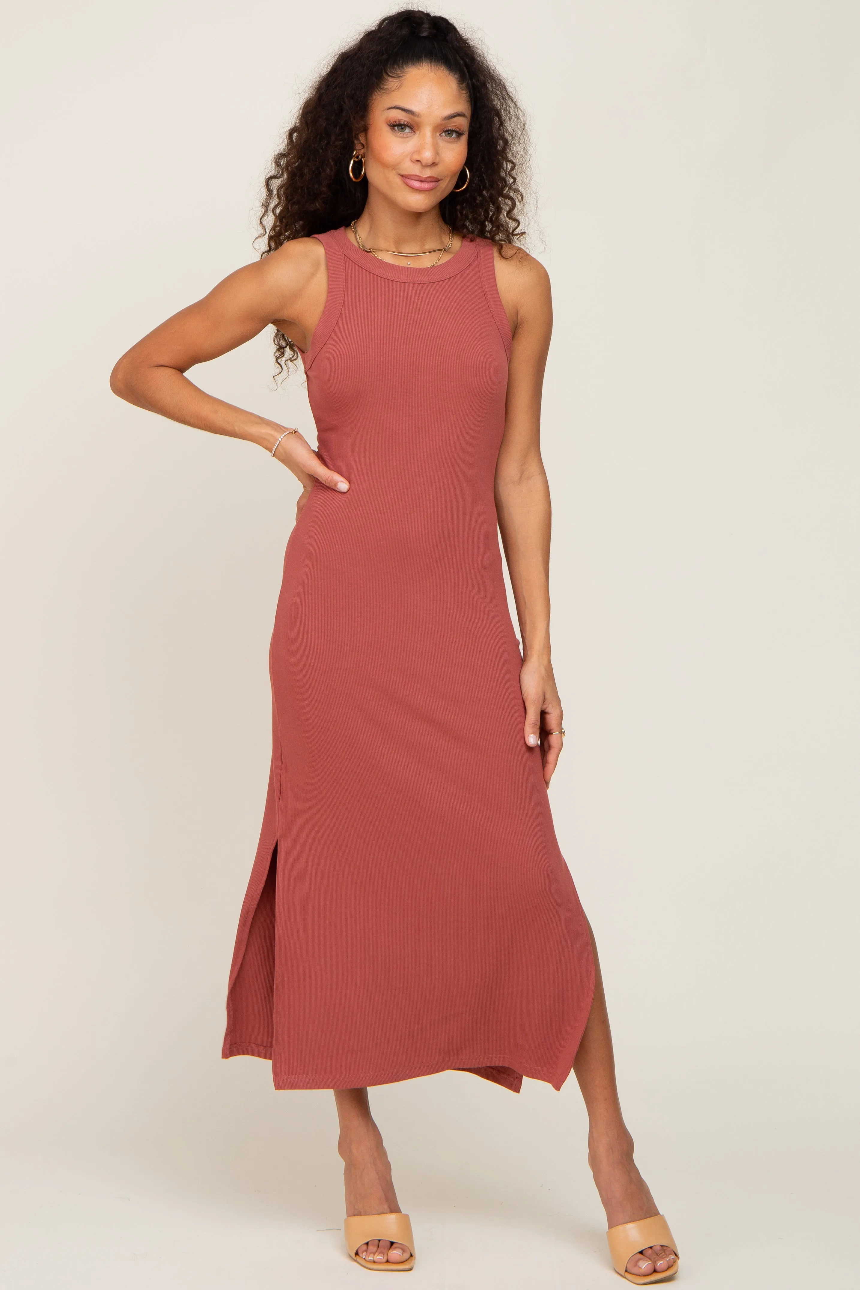Rust Ribbed Maternity Side Slit Tank Dress sold by Pinkblush product image thumbnail 5