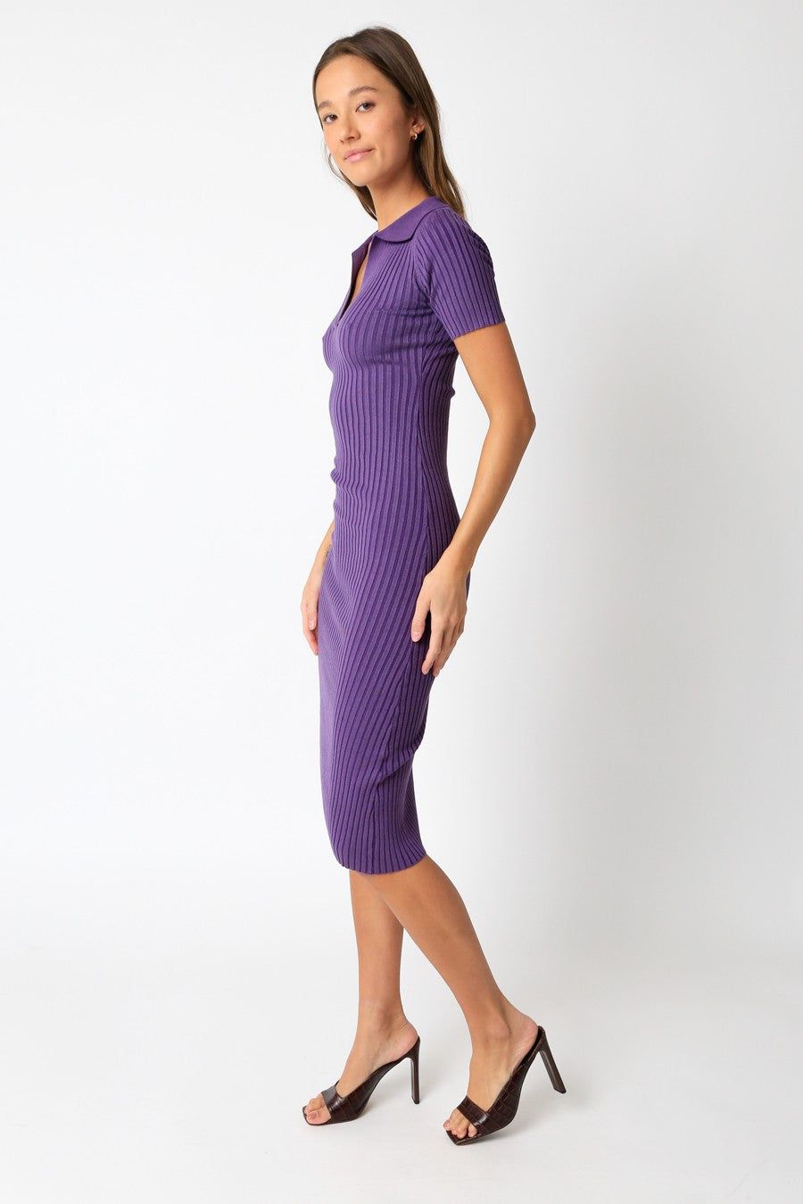 Purple Ribbed Collared V-Neck Midi Dress sold by Pinkblush product image thumbnail 2