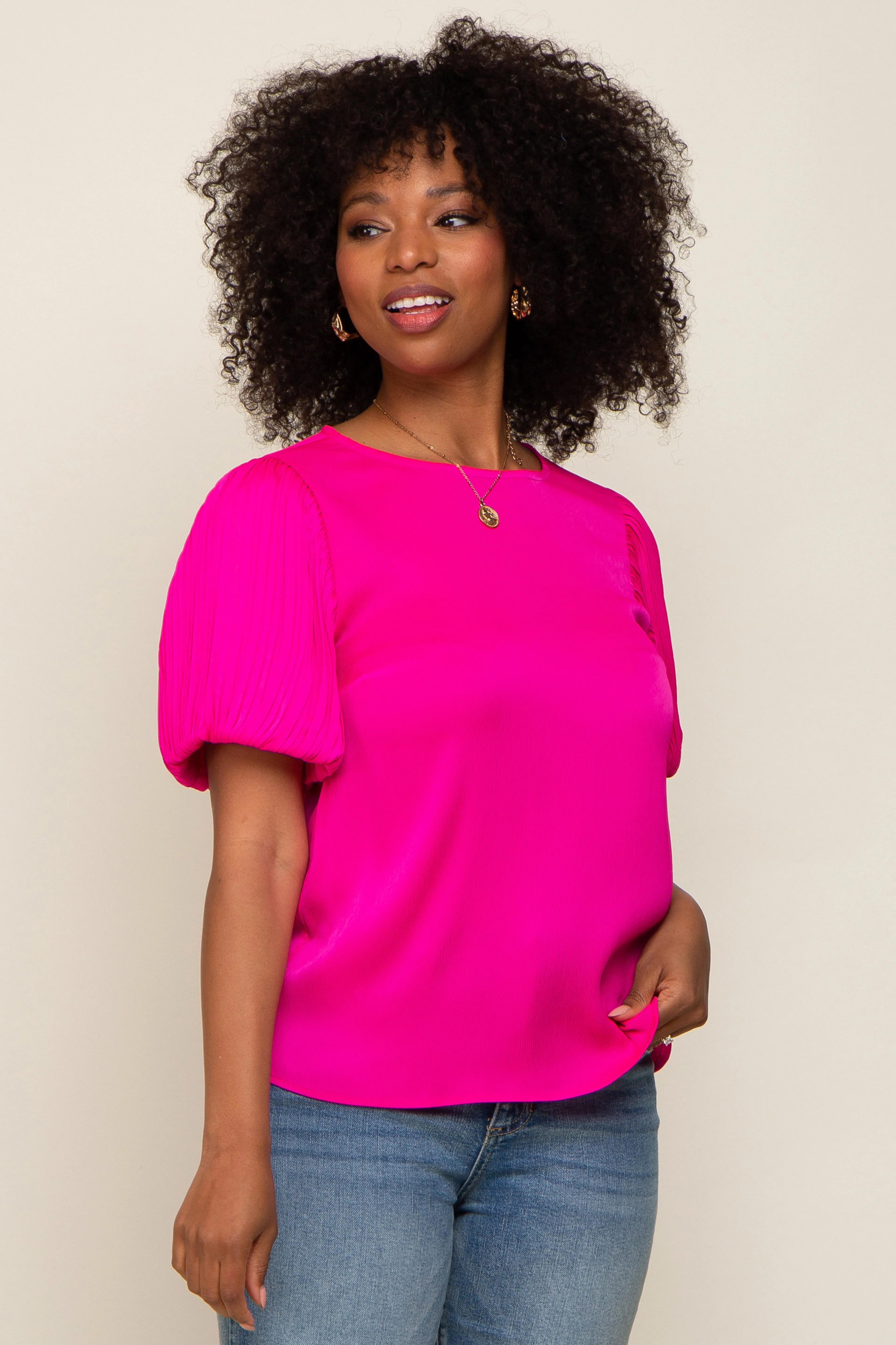 Fuchsia Satin Pleated Puff Short Sleeve Maternity Blouse sold by Pinkblush product image thumbnail 5