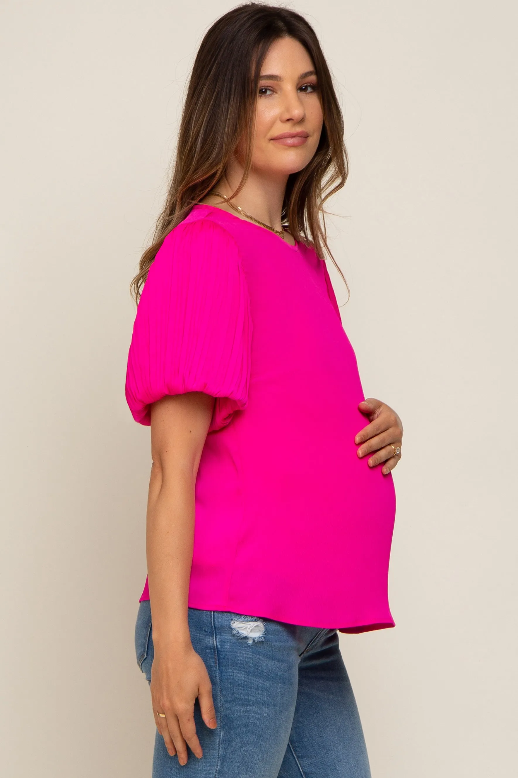 Fuchsia Satin Pleated Puff Short Sleeve Maternity Blouse sold by Pinkblush product image thumbnail 2