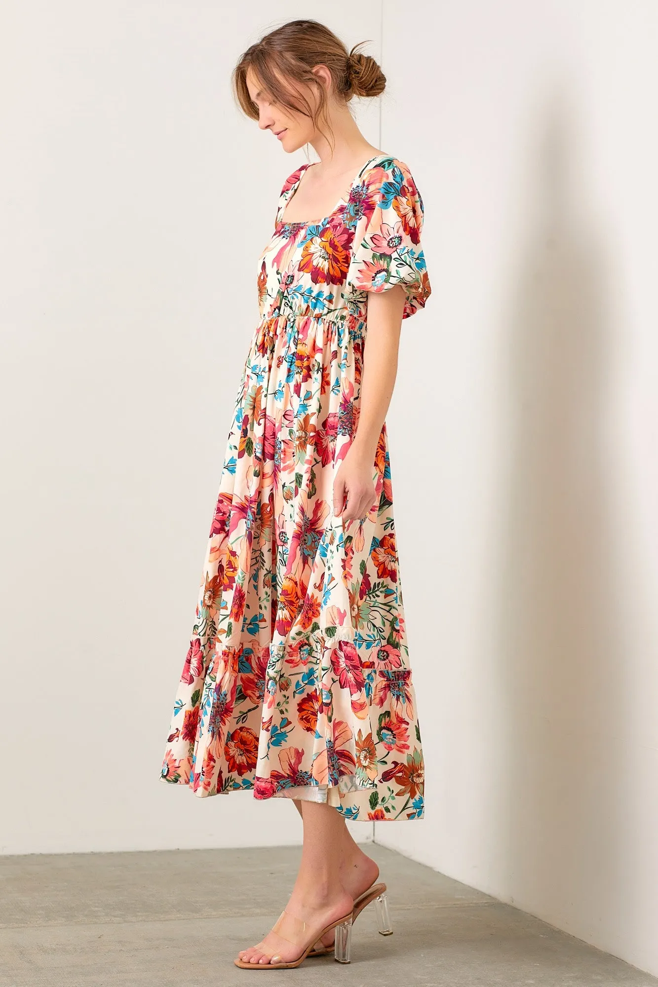 Cream Floral Puff Sleeve Midi Dress sold by Pinkblush product image thumbnail 3