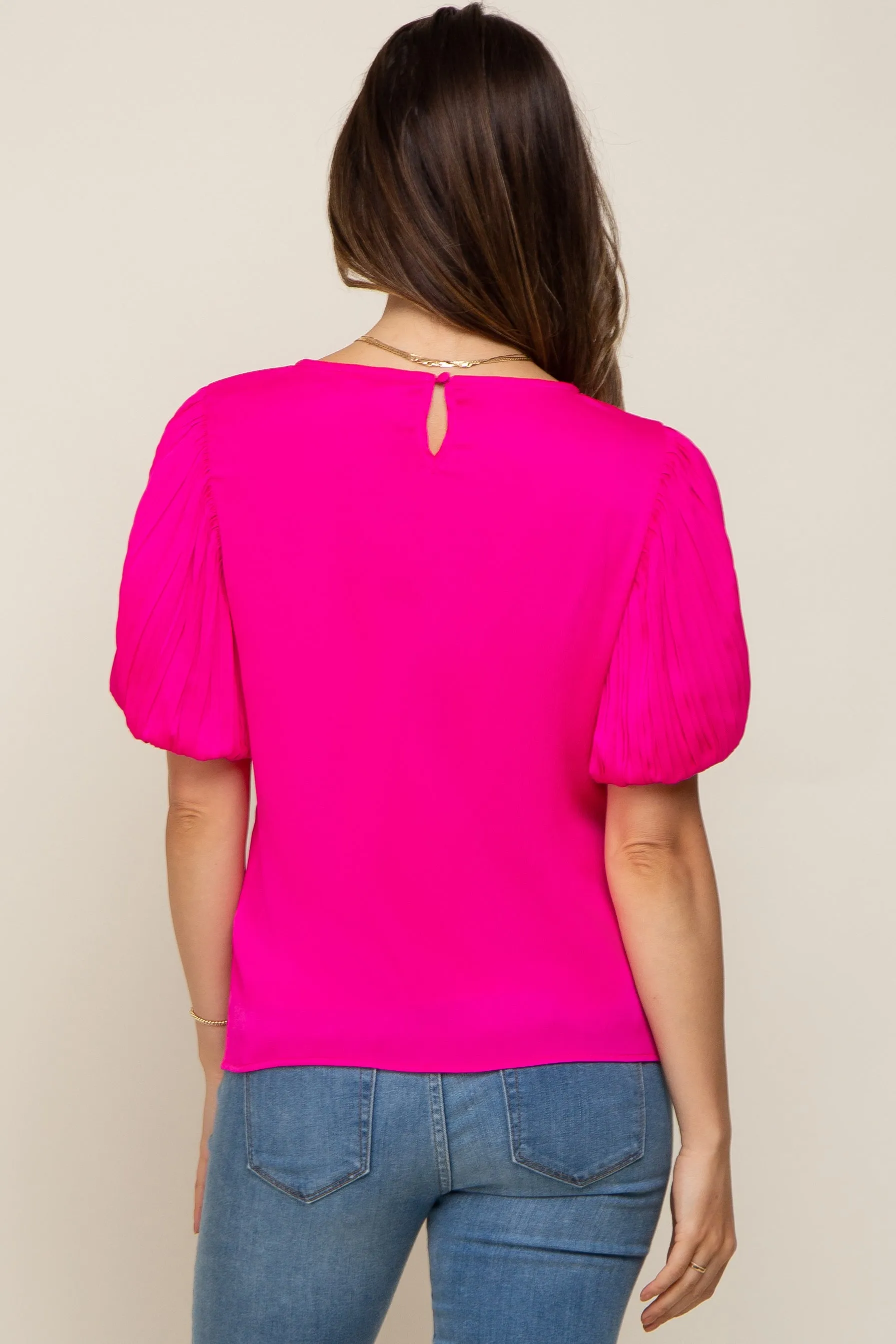 Fuchsia Satin Pleated Puff Short Sleeve Maternity Blouse sold by Pinkblush product image thumbnail 3