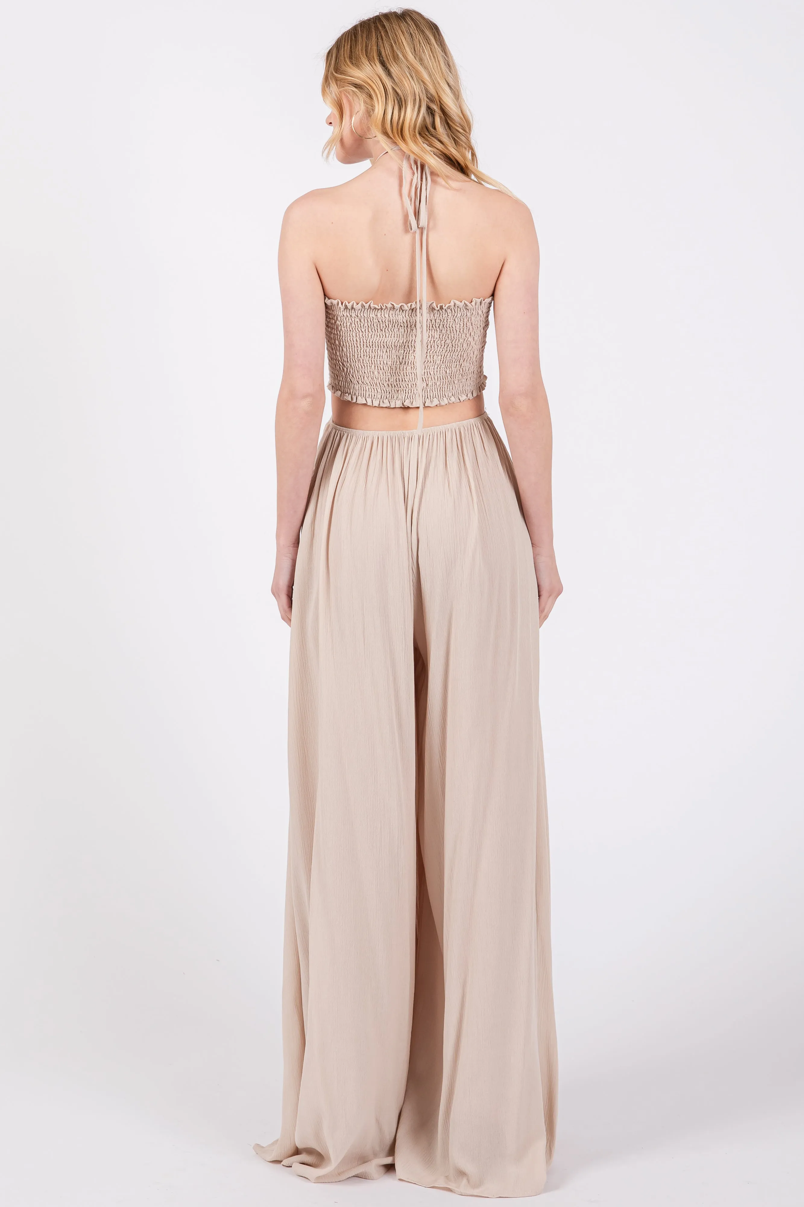 Cream Smocked Drawstring Halter Side Cutout Jumpsuit sold by Pinkblush product image thumbnail 3