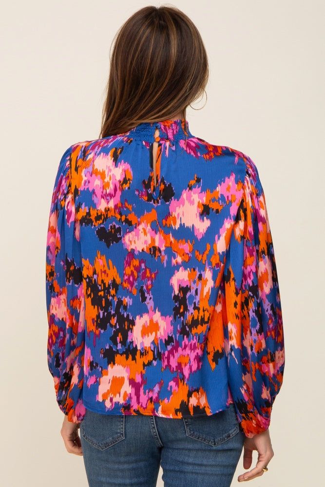 Royal Blue Abstract Smocked Mock Neck Blouse sold by Pinkblush product image thumbnail 3