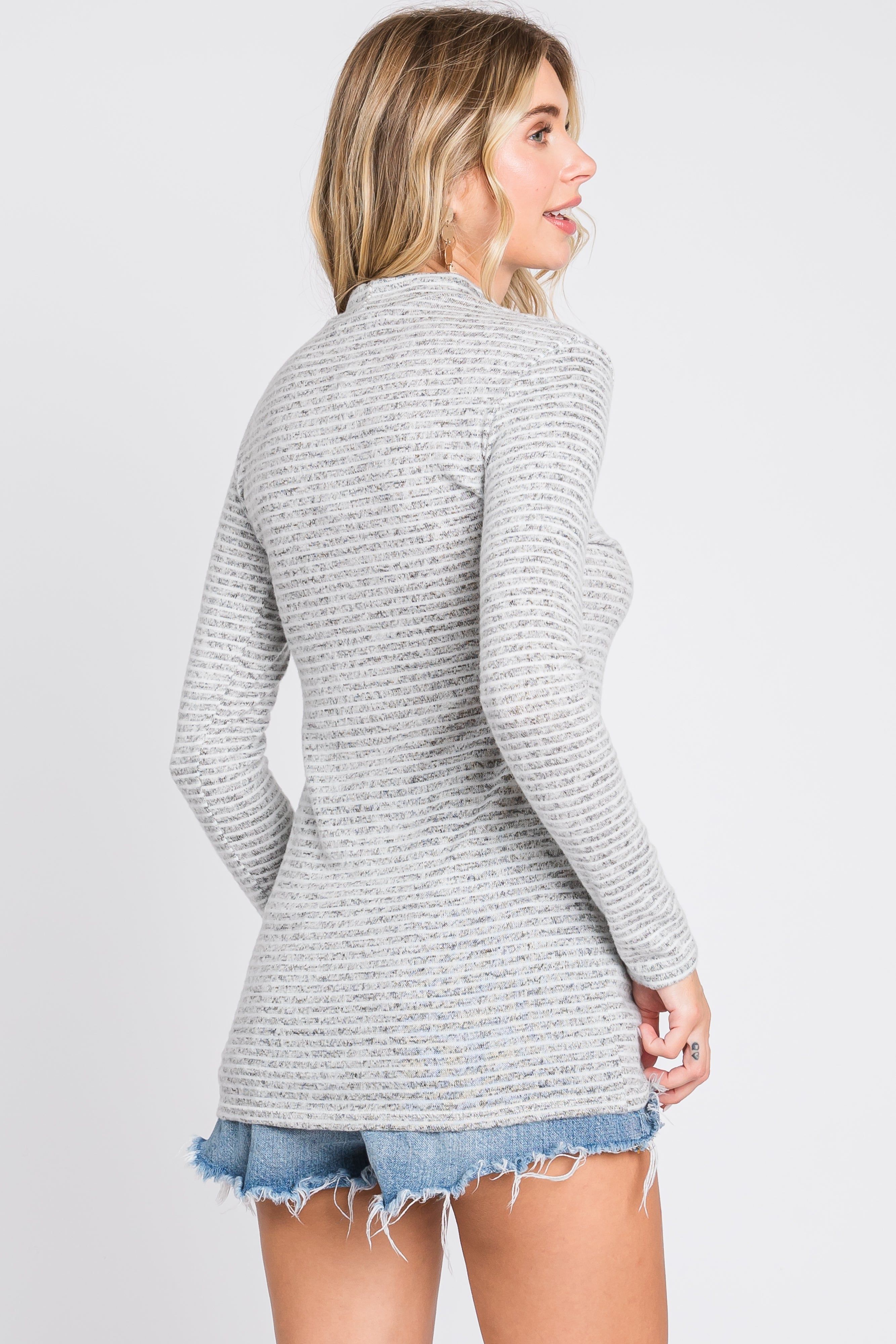 Grey Striped Long Sleeve Mock Neck Top sold by Pinkblush product image thumbnail 3