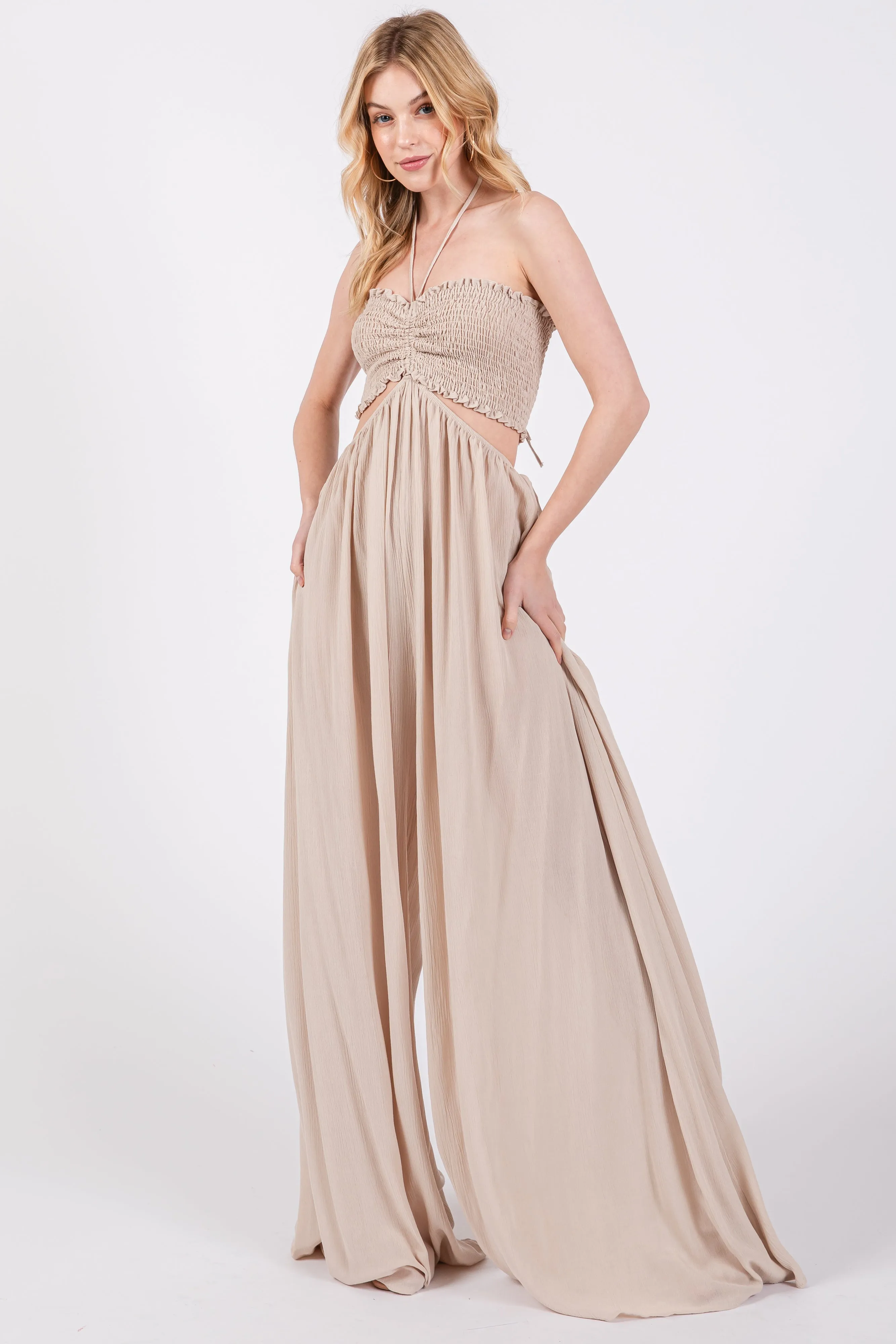 Cream Smocked Drawstring Halter Side Cutout Jumpsuit sold by Pinkblush