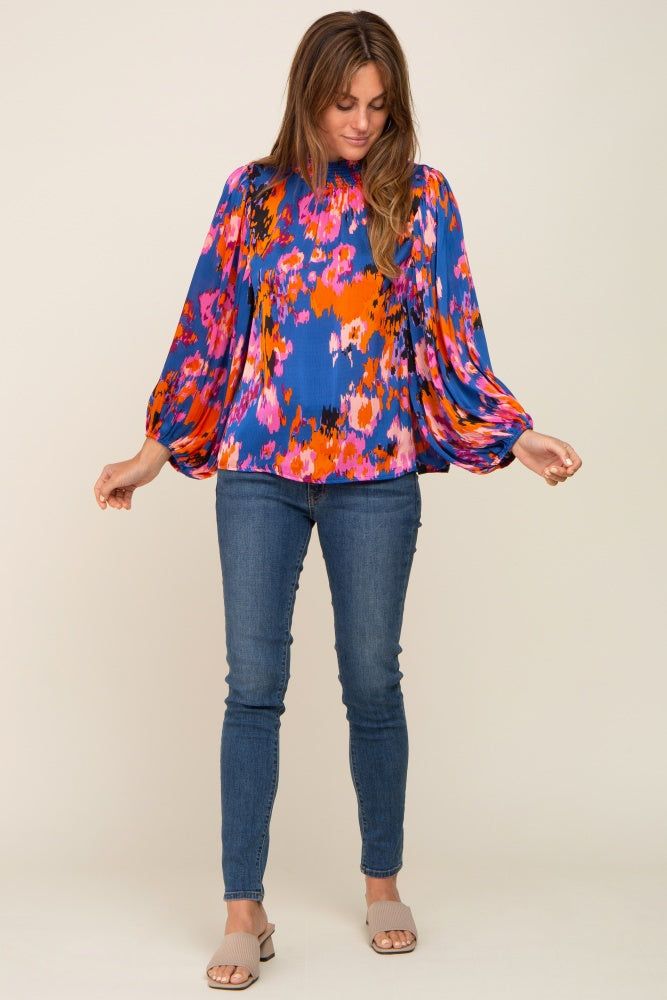 Royal Blue Abstract Smocked Mock Neck Blouse sold by Pinkblush product image thumbnail 4
