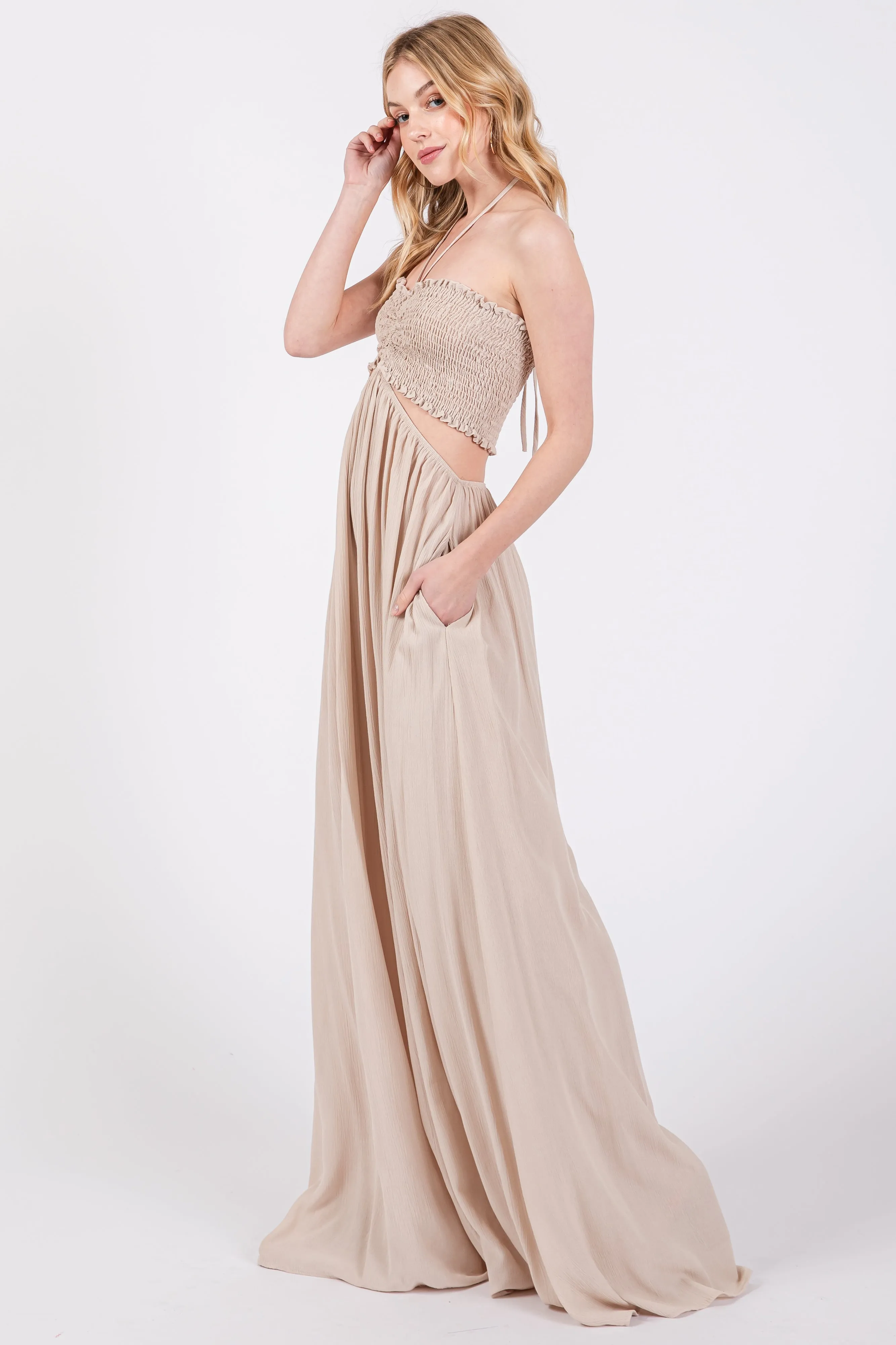 Cream Smocked Drawstring Halter Side Cutout Jumpsuit sold by Pinkblush product image thumbnail 2