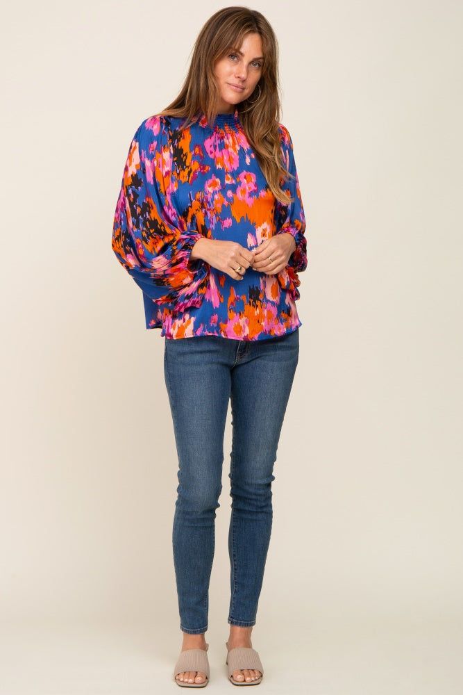 Royal Blue Abstract Smocked Mock Neck Blouse sold by Pinkblush product image thumbnail 5