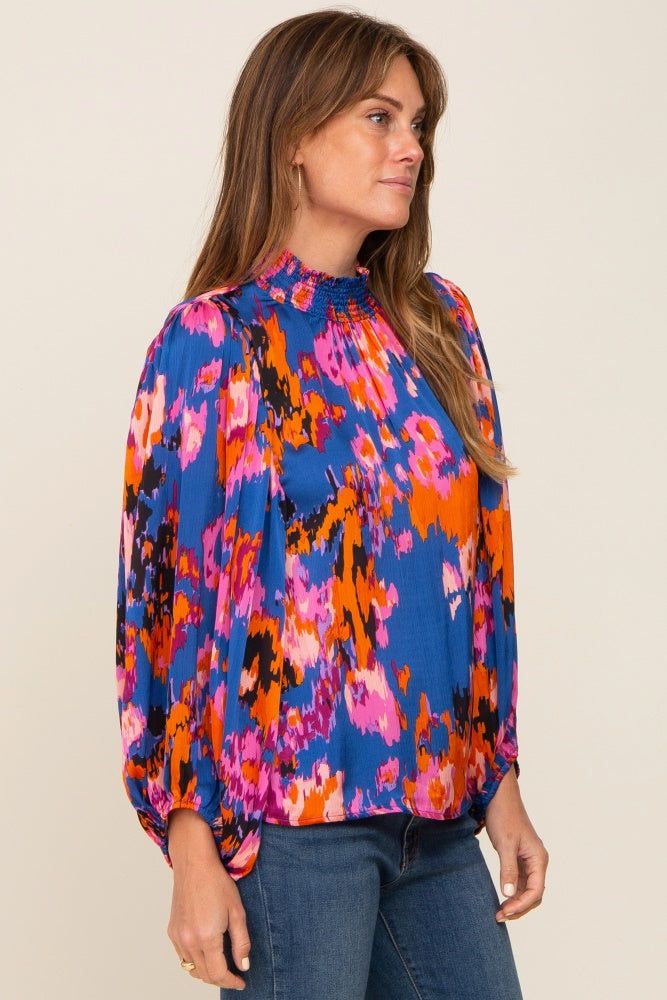 Royal Blue Abstract Smocked Mock Neck Blouse sold by Pinkblush product image thumbnail 2