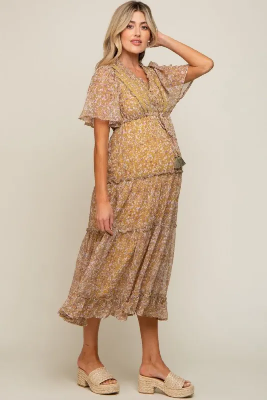 Yellow Floral Button Top Ruffle Tiered Maternity Midi Dress sold by Pinkblush