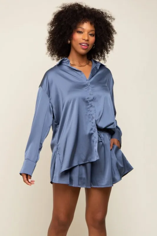 Blue Satin Button Down Short Sleep Set sold by Pinkblush
