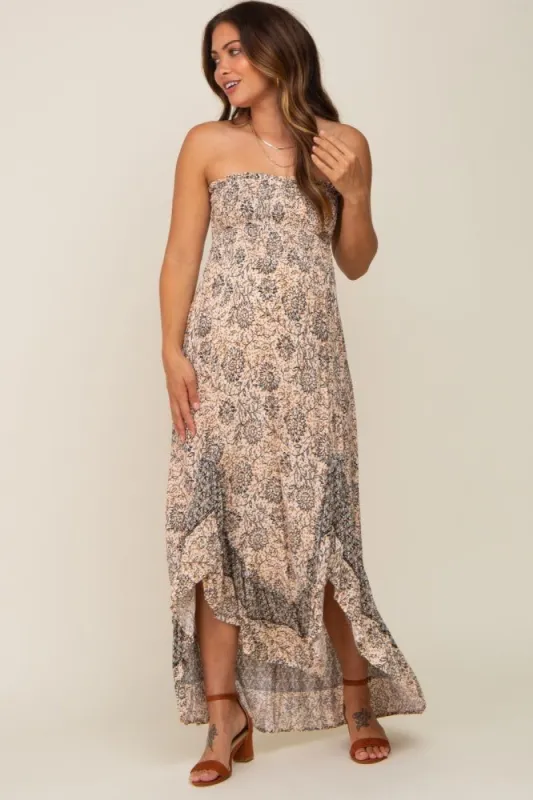 Taupe Floral Asymmetrical Maternity Maxi Dress sold by Pinkblush