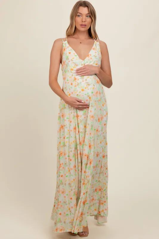 Peach Floral Crisscross Back Maternity Maxi Dress sold by Pinkblush