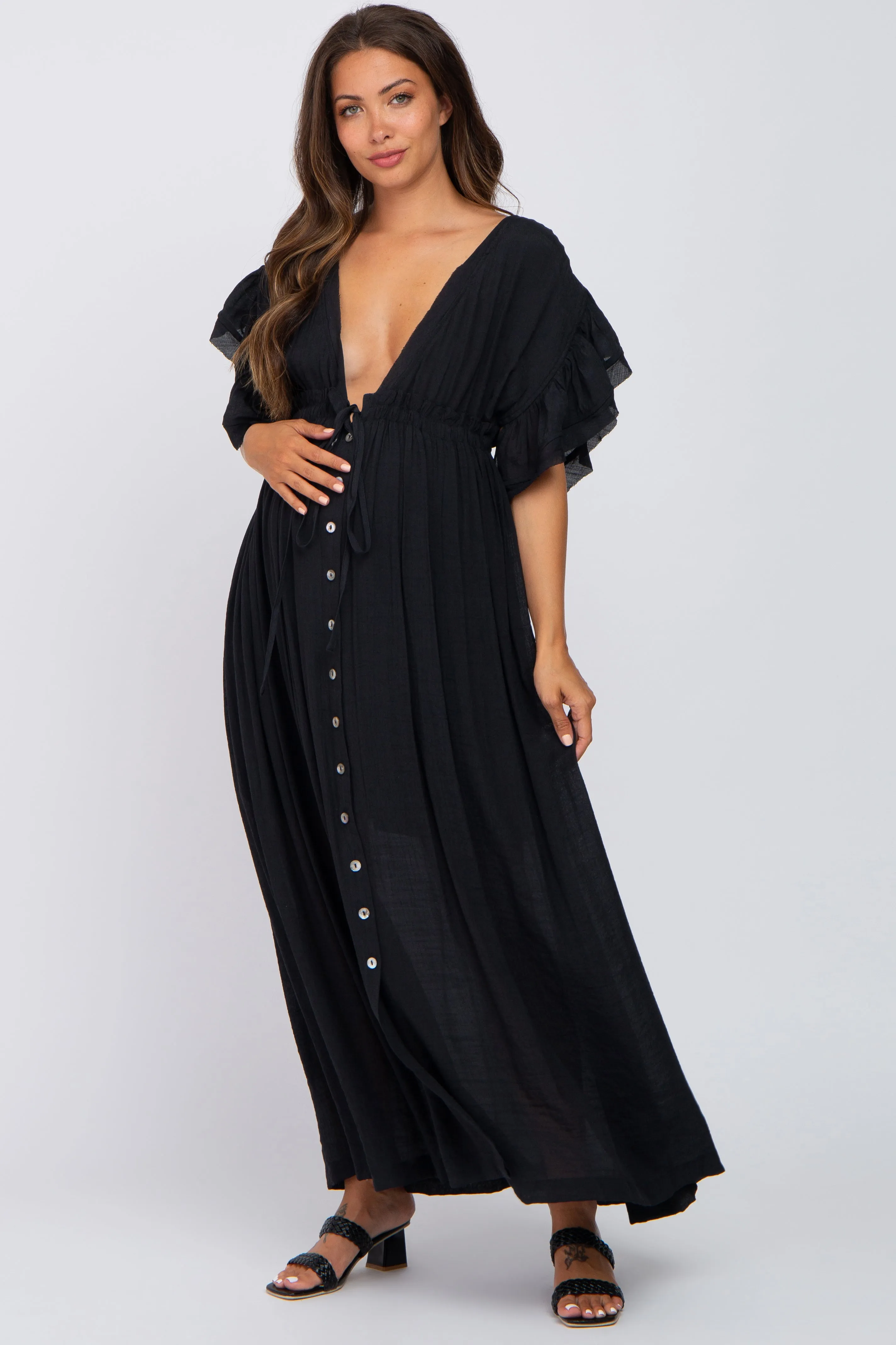 Black Deep V-Neck Button Down Maternity Maxi Dress sold by Pinkblush