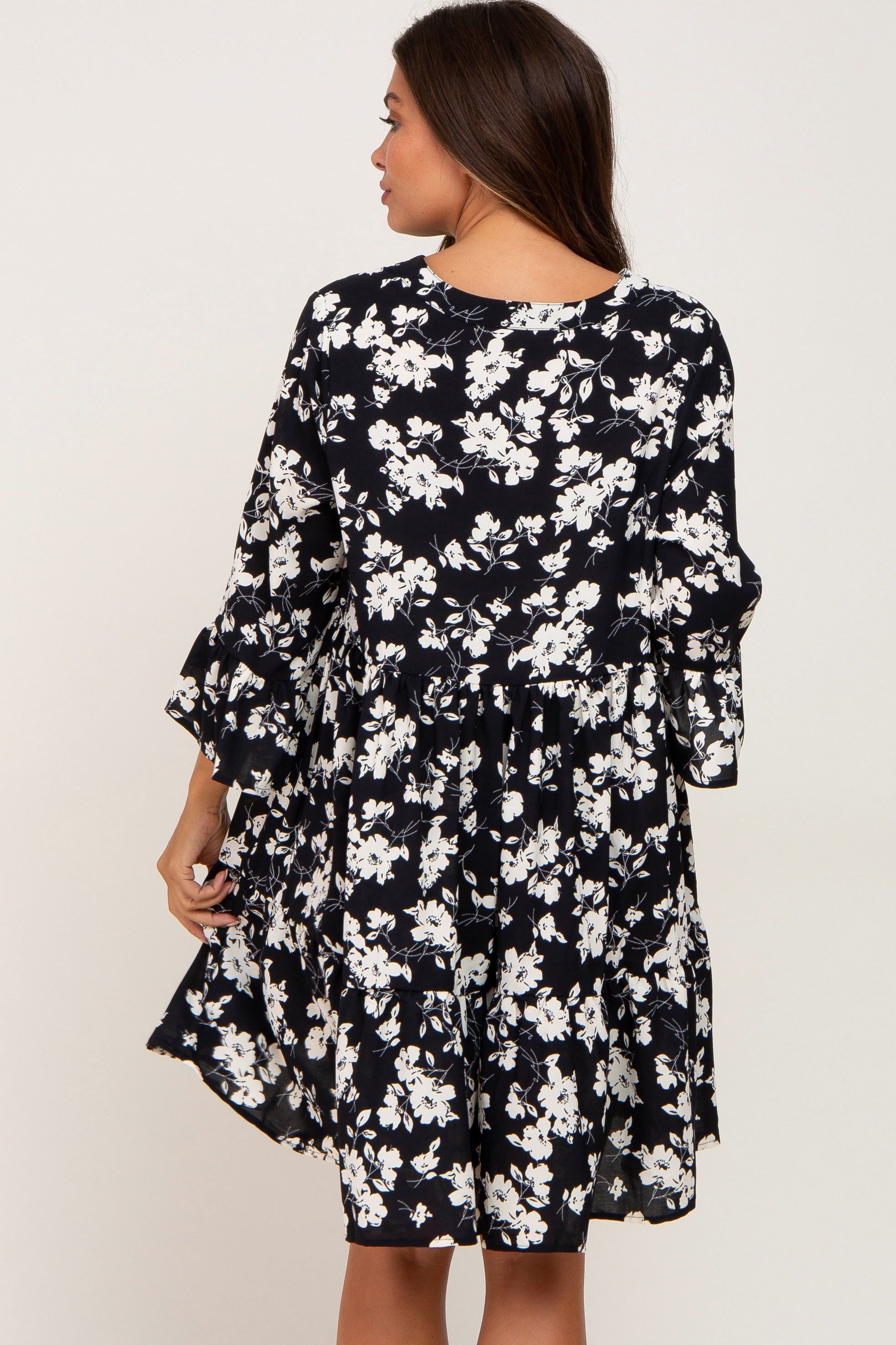 Black Floral Button Front Bell Sleeve Maternity Dress sold by Pinkblush product image thumbnail 3
