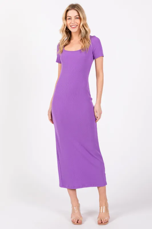 Purple Ribbed Fitted Midi Dress sold by Pinkblush
