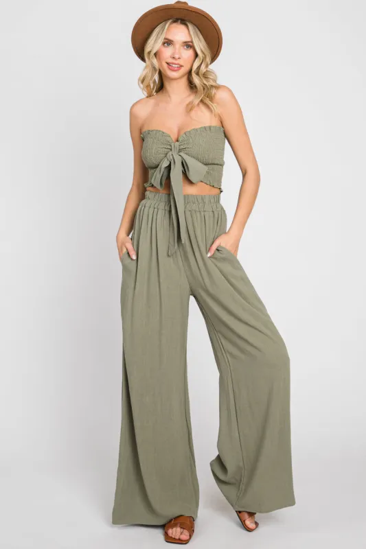 Olive Front Tie Crop Top and Pant Set sold by Pinkblush